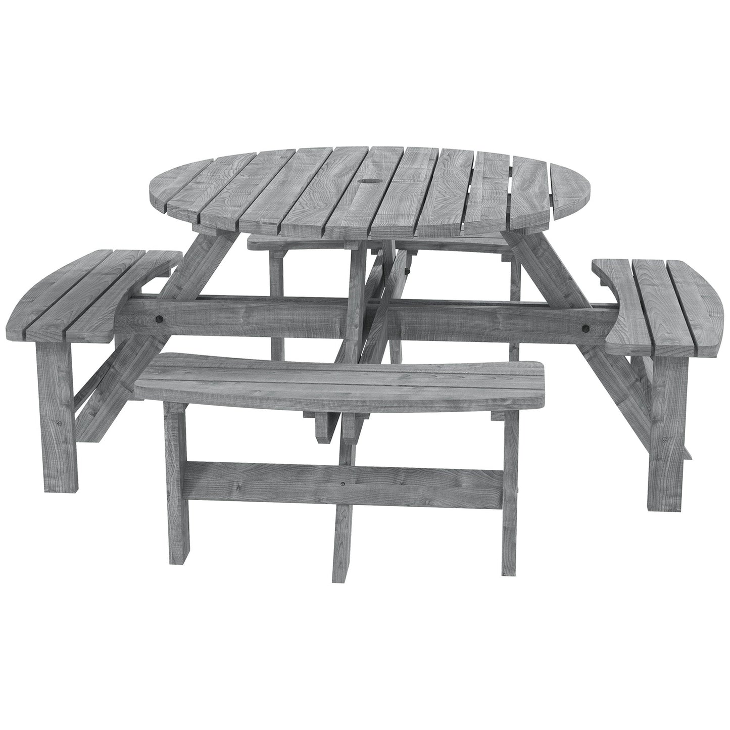 8 Seater Wooden Picnic Table and Garden Benches Set, Round Garden Dining Set with 4 Benches and Umbrella Hole Outdoor Garden Park, Grey