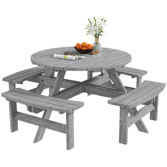 8 Seater Wooden Picnic Table and Garden Benches Set, Round Garden Dining Set with 4 Benches and Umbrella Hole Outdoor Garden Park, Grey