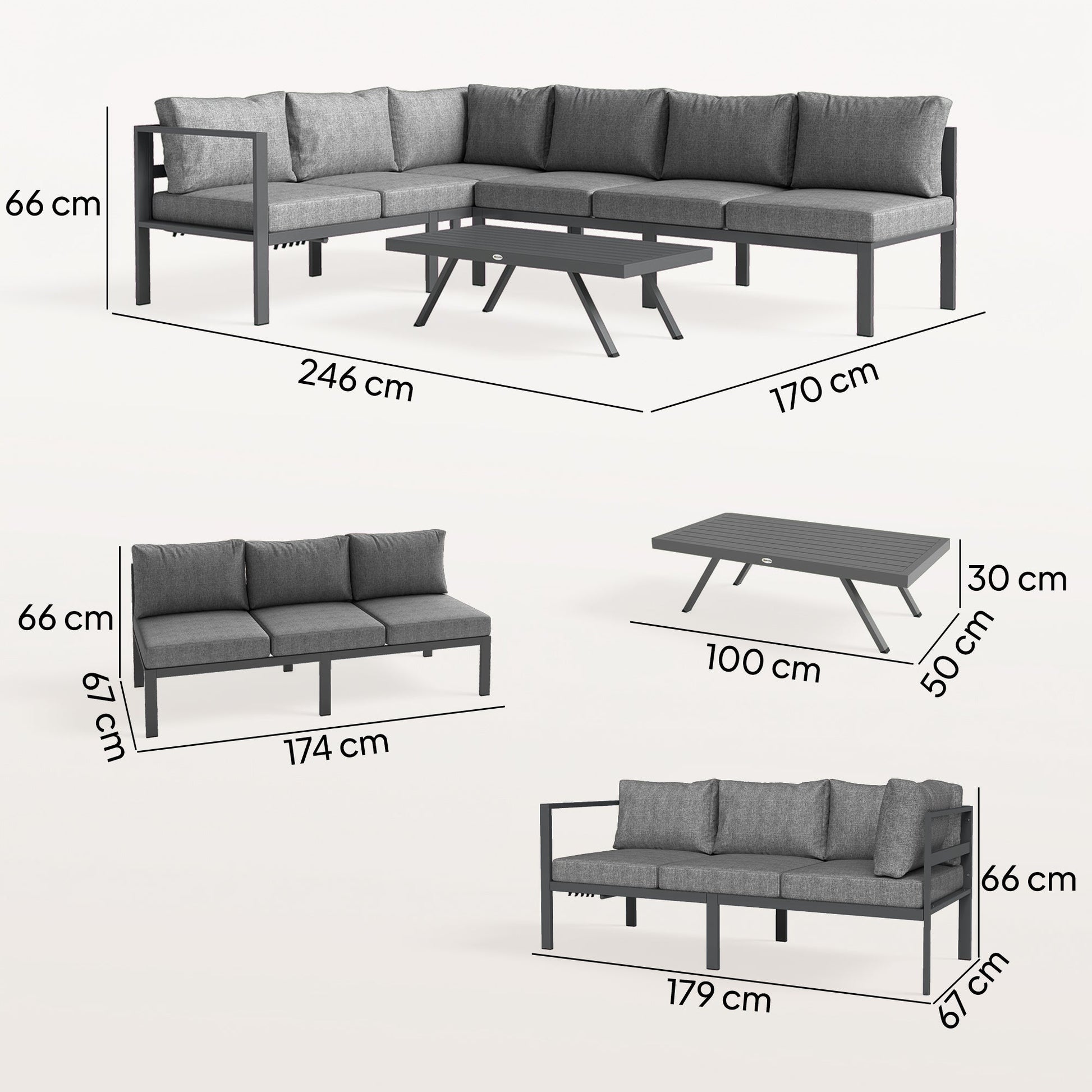 3 Pieces Garden Furniture Set, Aluminium Corner Lounge Set with Adjustable Backrest and Coffee Table, Outdoor Conversation Furniture with Cushions, Dark Grey