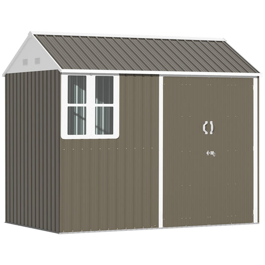 8 x 6 ft Garden Shed, Metal Shed with Single Door, Window and Air Vents, Galvanised Outdoor Lockable Tool Storage House, Grey