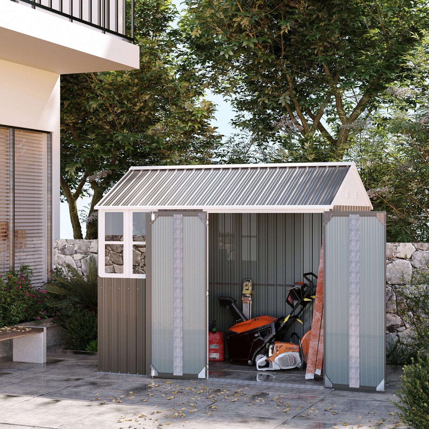 8 x 6 ft Garden Shed, Metal Shed with Single Door, Window and Air Vents, Galvanised Outdoor Lockable Tool Storage House, Grey