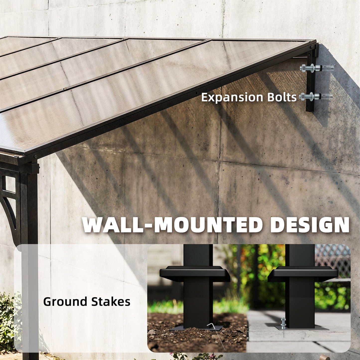 4 x 3 m Metal Lean-to Pergola, Wall-Mounted Garden Pergola with Polycarbonate Roof and Metal-Aluminium Frame, Heavy Duty Hardtop Gazebo for Outdoor Patios, BBQ, Brown