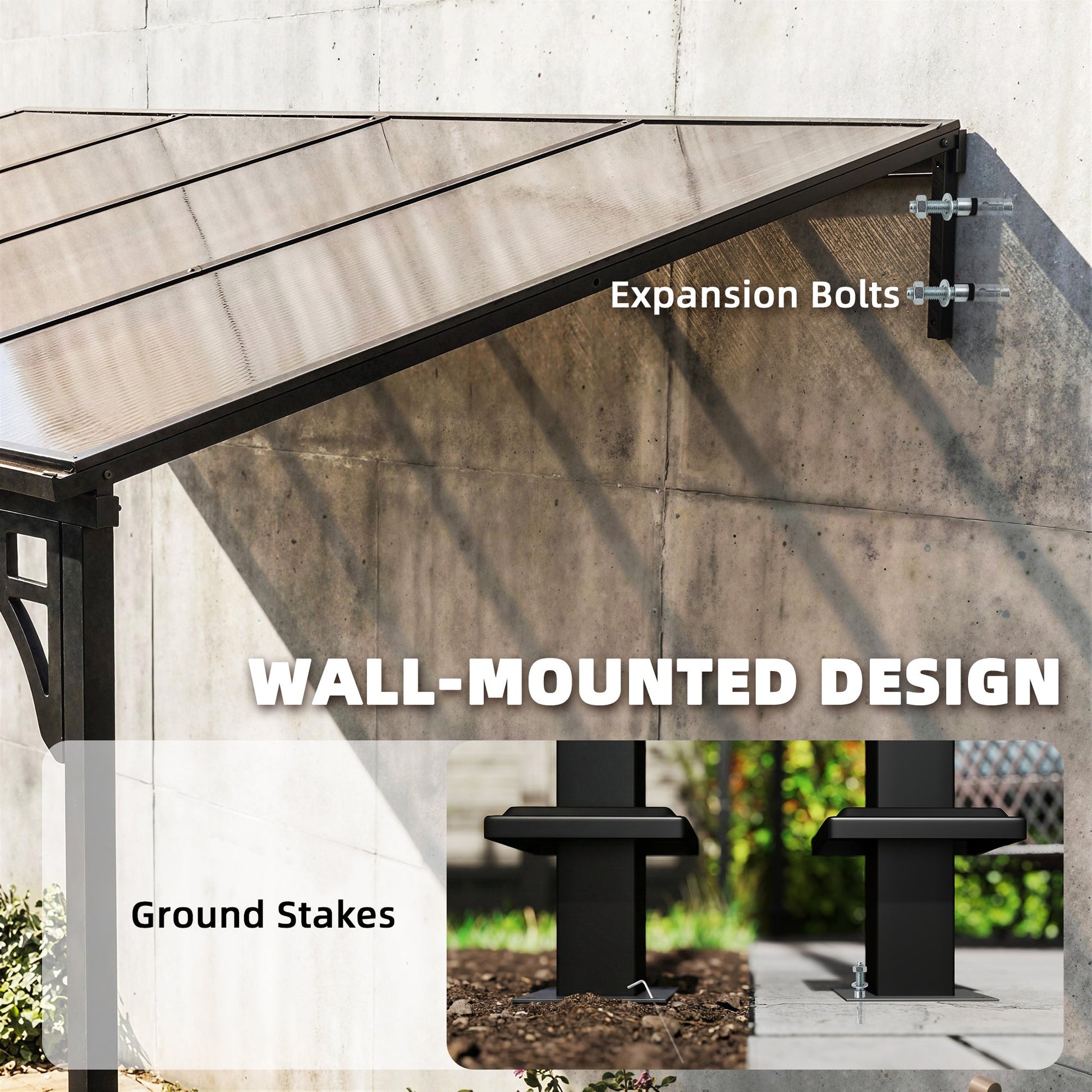 4 x 3 m Metal Lean-to Pergola, Wall-Mounted Garden Pergola with Polycarbonate Roof and Metal-Aluminium Frame, Heavy Duty Hardtop Gazebo for Outdoor Patios, BBQ, Brown