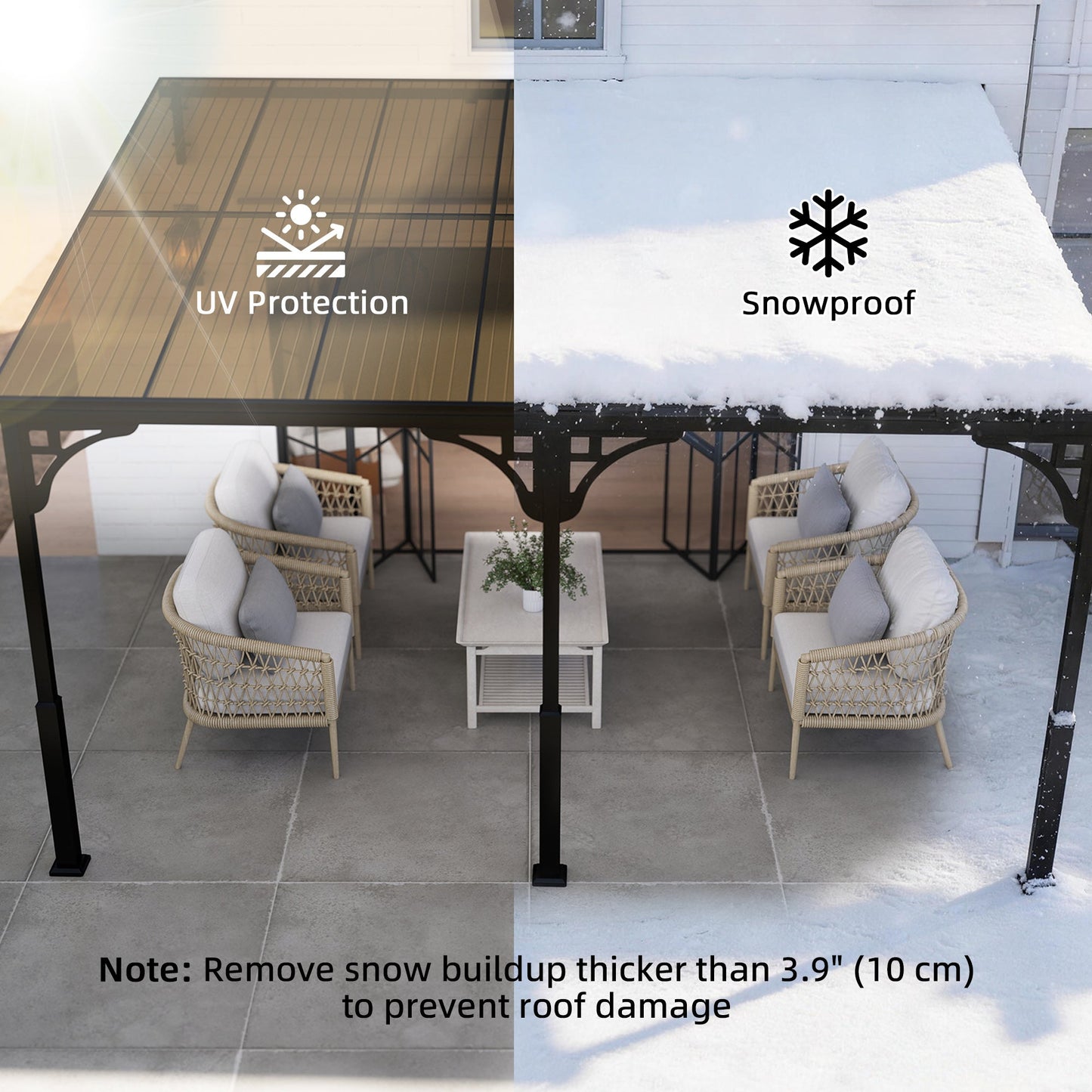 4 x 3 m Metal Lean-to Pergola, Wall-Mounted Garden Pergola with Polycarbonate Roof and Metal-Aluminium Frame, Heavy Duty Hardtop Gazebo for Outdoor Patios, BBQ, Brown