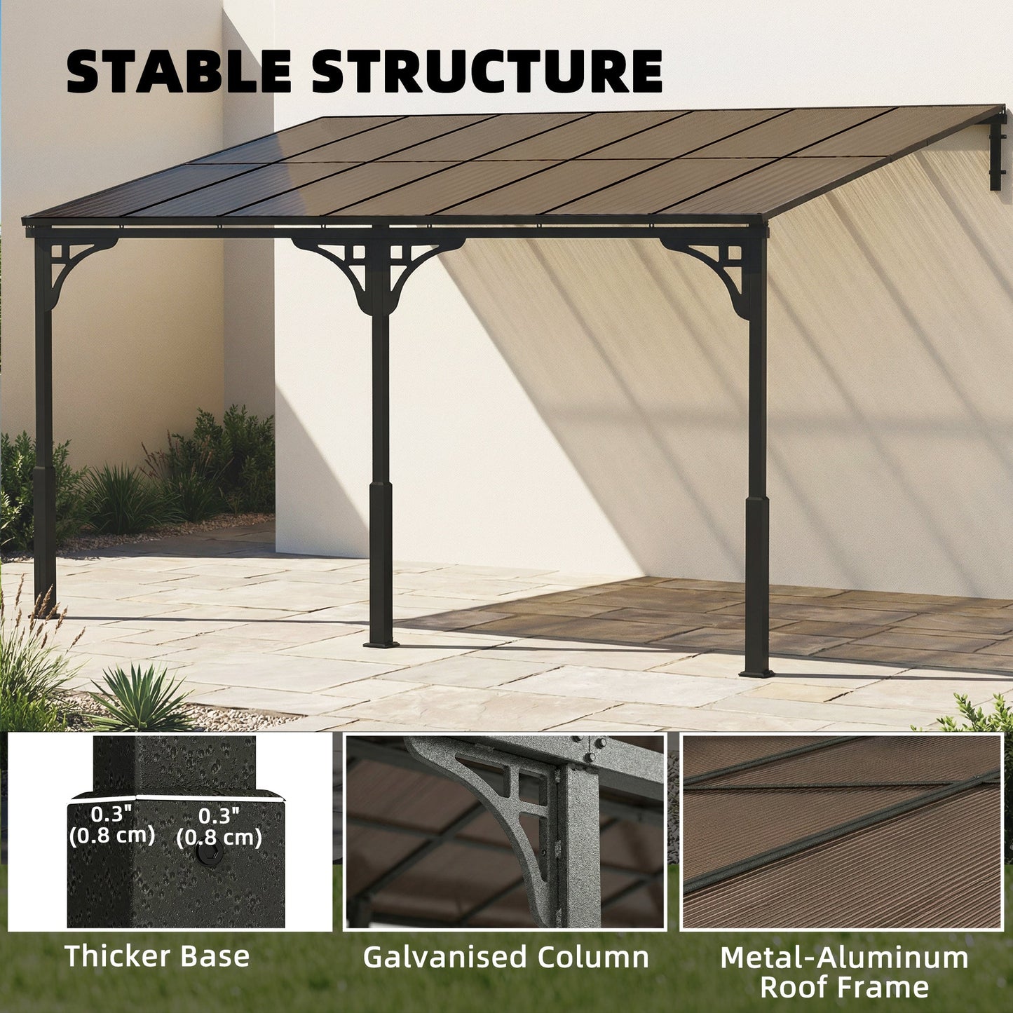 4 x 3 m Metal Lean-to Pergola, Wall-Mounted Garden Pergola with Polycarbonate Roof and Metal-Aluminium Frame, Heavy Duty Hardtop Gazebo for Outdoor Patios, BBQ, Brown
