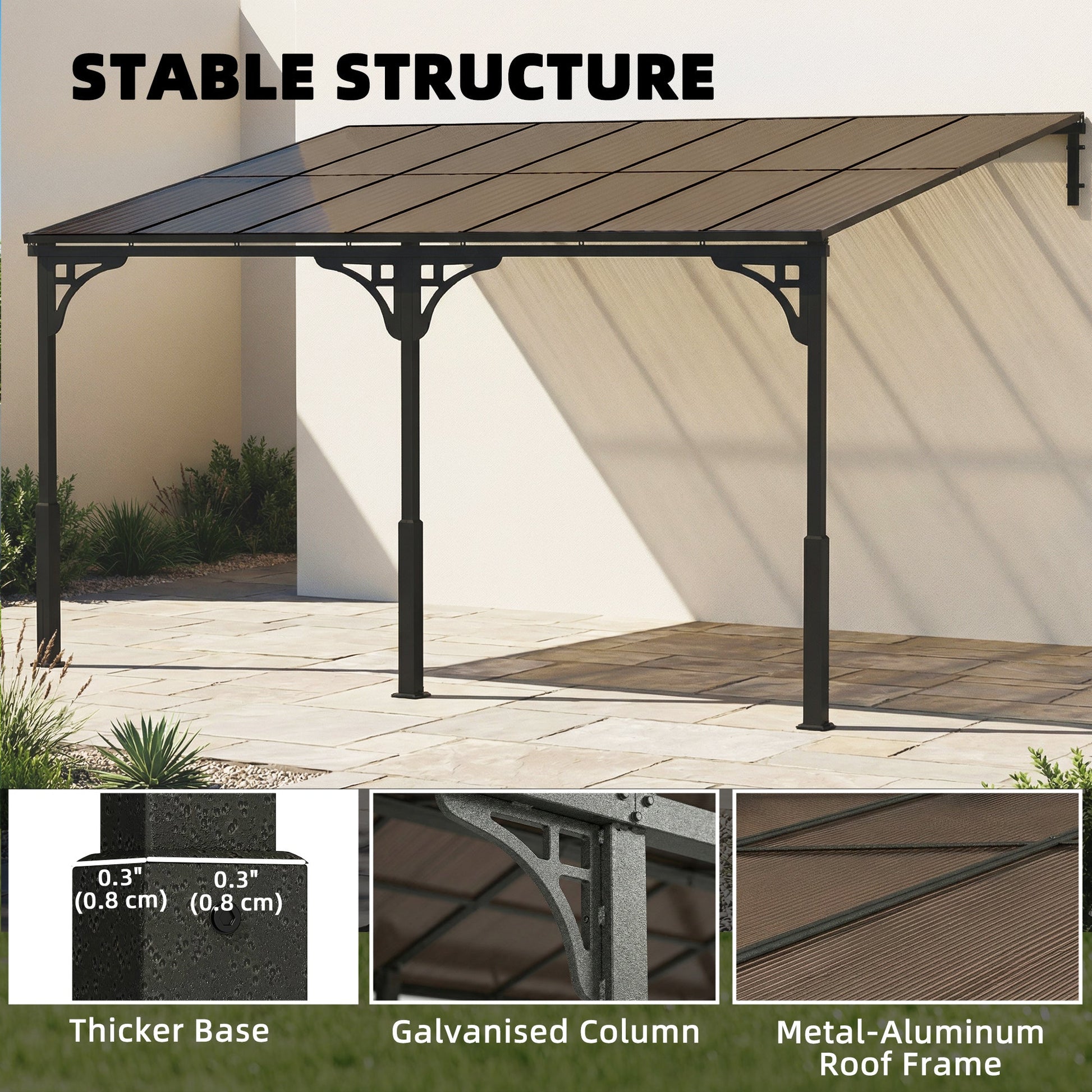 4 x 3 m Metal Lean-to Pergola, Wall-Mounted Garden Pergola with Polycarbonate Roof and Metal-Aluminium Frame, Heavy Duty Hardtop Gazebo for Outdoor Patios, BBQ, Brown