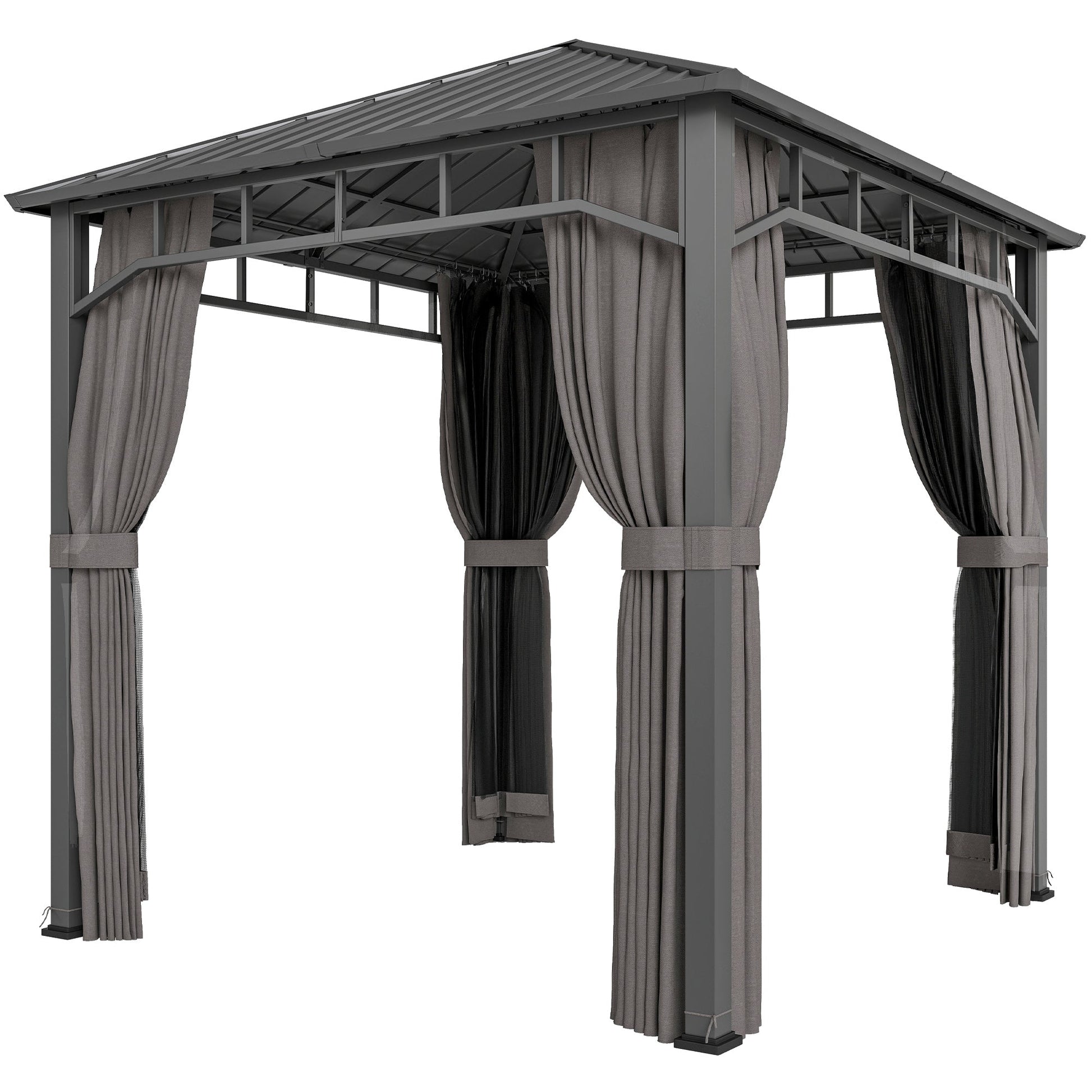2.5 x 2.5 m Hardtop Gazebo with Galvanised Steel Roof, Waterproof Permanent Pavilion Garden Gazebo with Netting and Curtains for Patio, Deck, Dark Grey