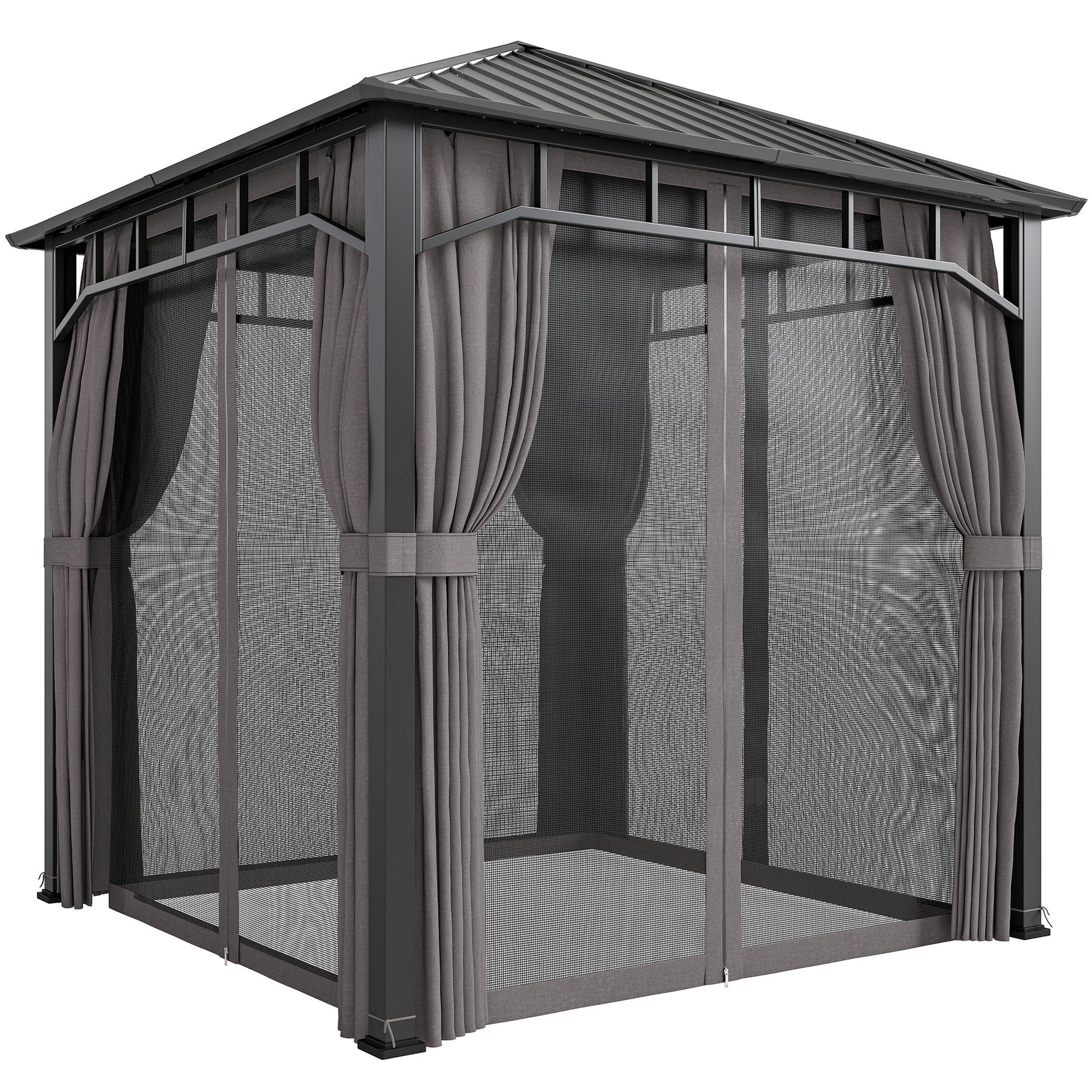 2.5 x 2.5 m Hardtop Gazebo with Galvanised Steel Roof, Waterproof Permanent Pavilion Garden Gazebo with Netting and Curtains for Patio, Deck, Dark Grey