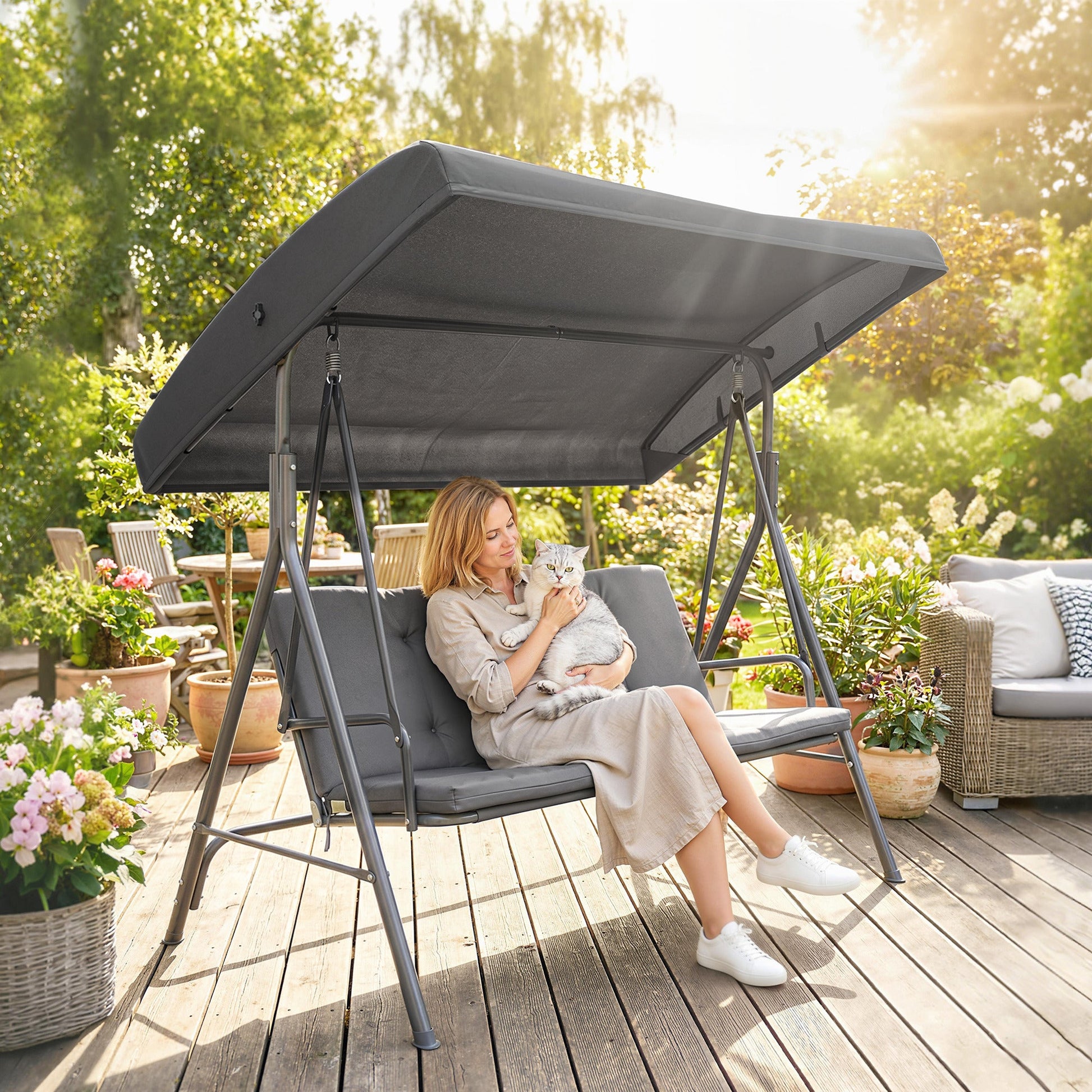 3 Seater Garden Swing Chair, Patio Rocking Bench with Tilting Canopy, Removable Cushion and Steel Frame, Dark Grey