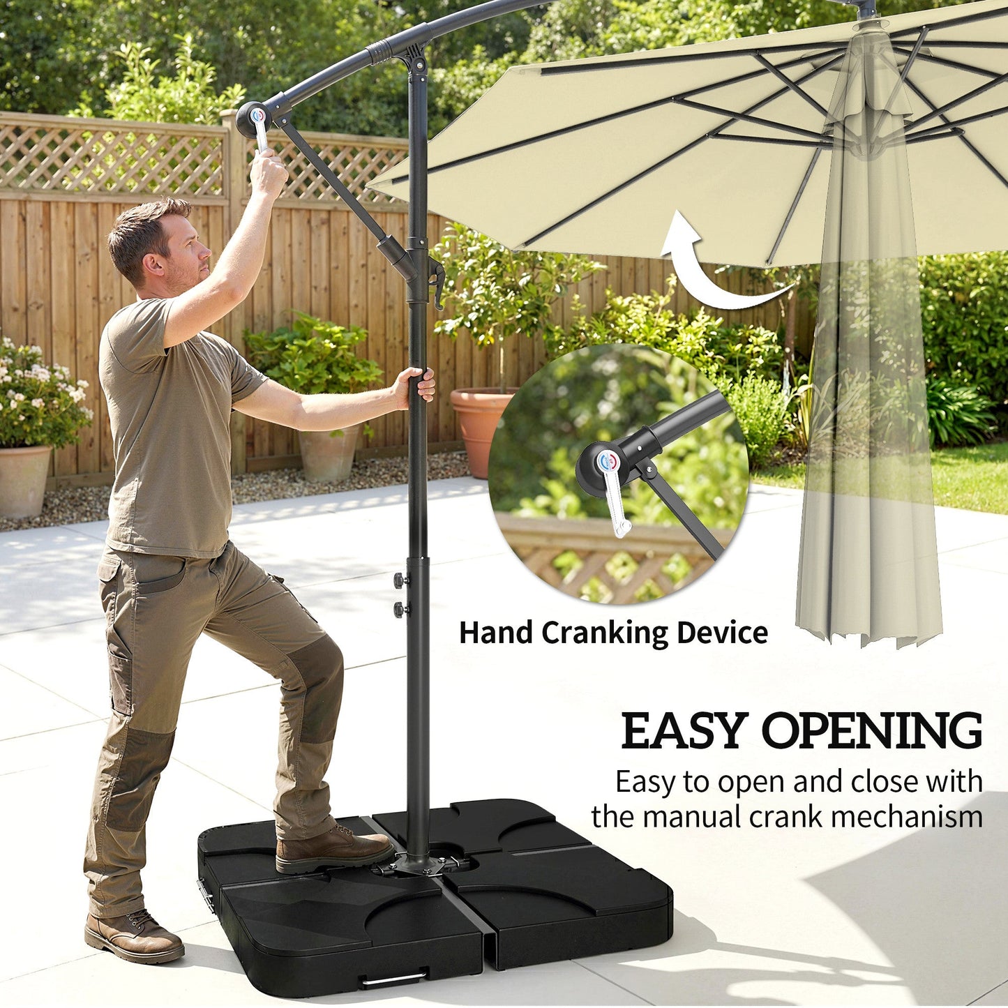 3 m Cantilever Parasol with Umbrella Weights, Cross Base, Offset Outdoor Umbrella with Protective Cover, Crank Handle, Hanging Sun Shade, Sand