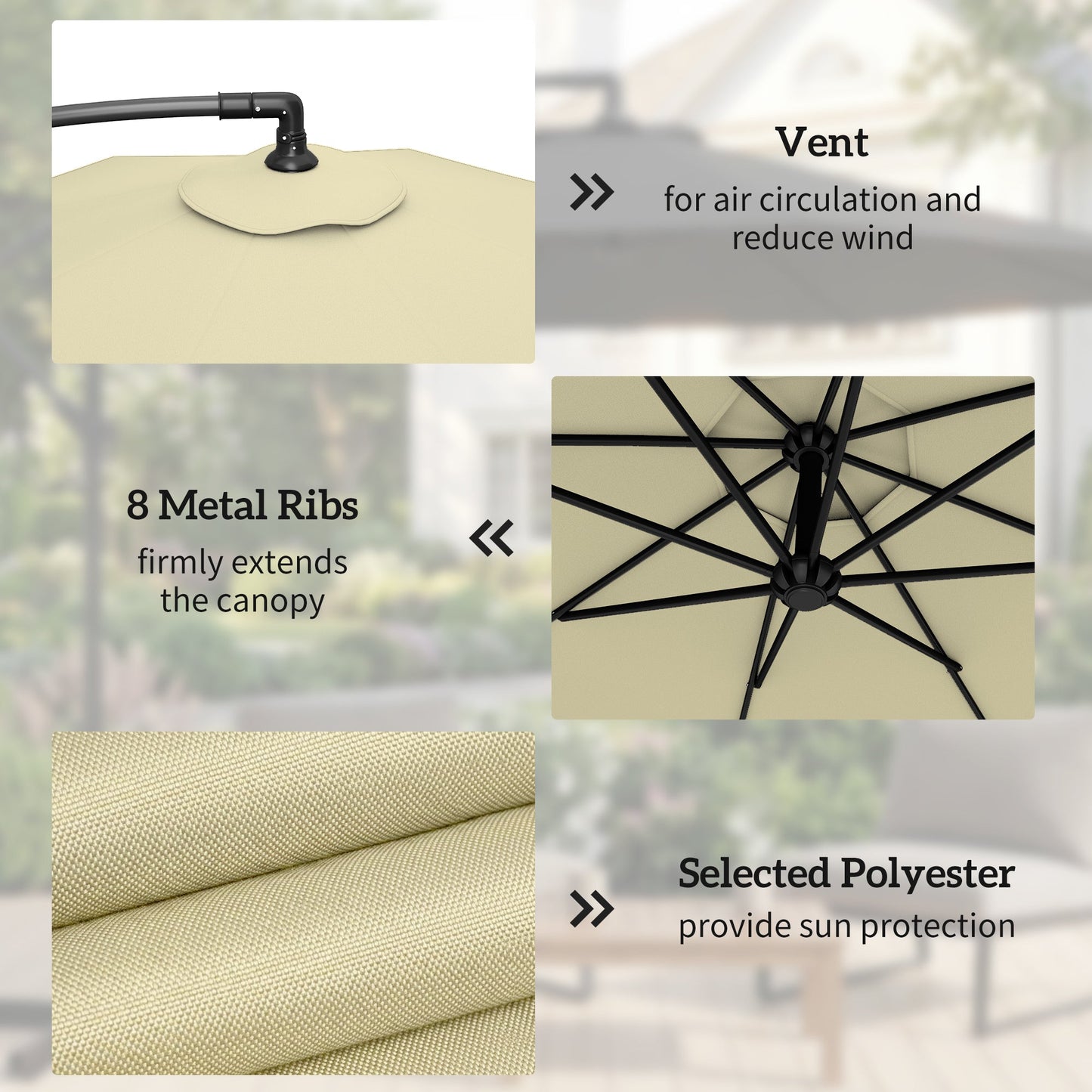 3 m Cantilever Parasol with Umbrella Weights, Cross Base, Offset Outdoor Umbrella with Protective Cover, Crank Handle, Hanging Sun Shade, Sand