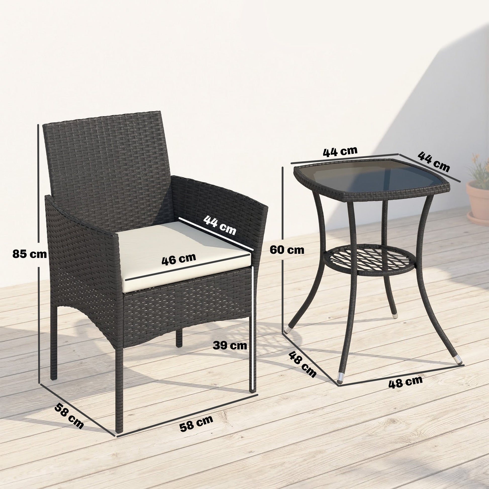 3 Piece Rattan Bistro Set, PE Wicker Garden Furniture Conversation Set, 2 Tier Glass-Top Bistro Table and Chairs for 2 with Cushions for Patio, Balcony, Porch, Cream White