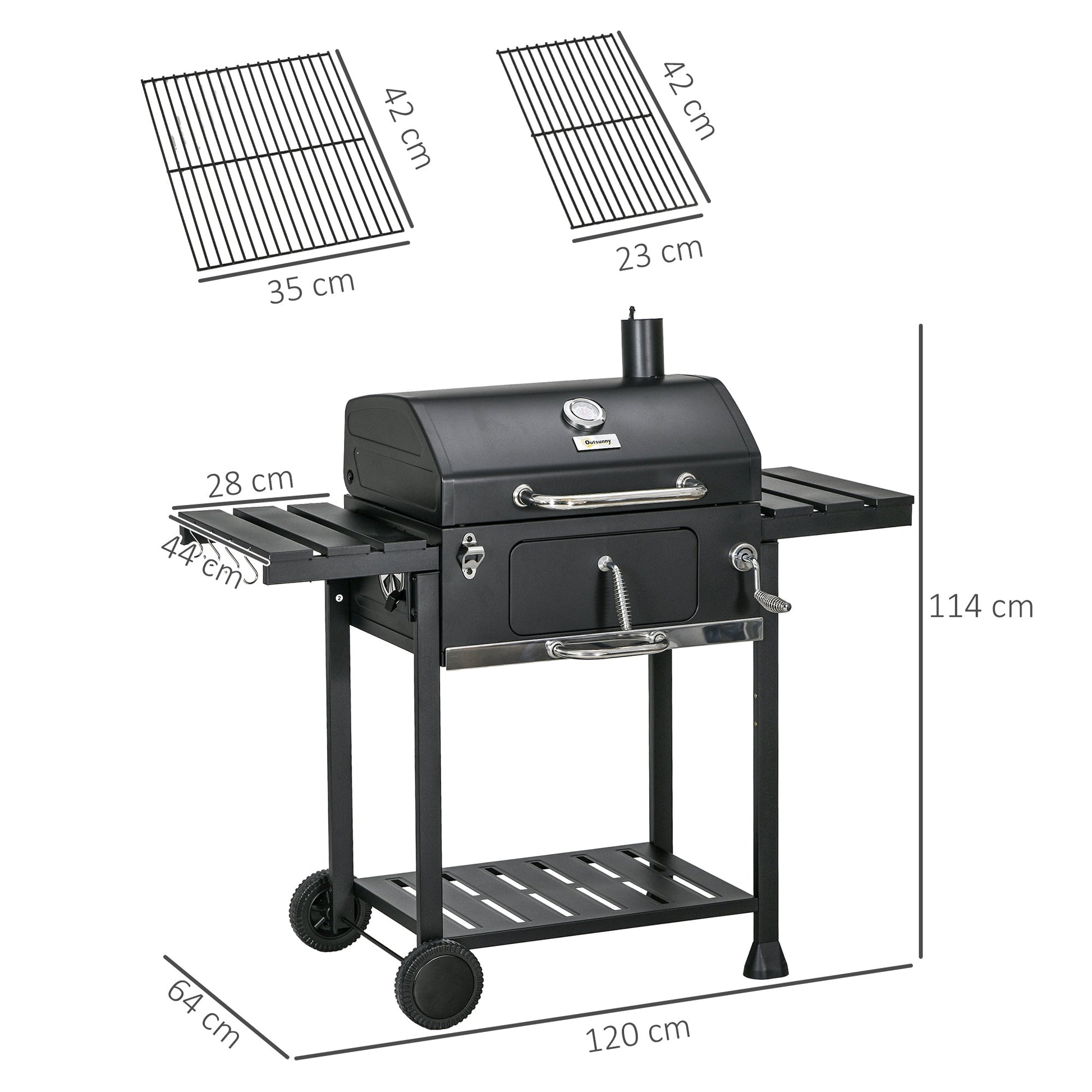 Charcoal Barbecue Grill Trolley with Adjustable Charcoal Pan, Galvanised Steel Smoker BBQ Grill with Storage Shelves, Lid, Themometer, Bottle Opener and Wheels, Black