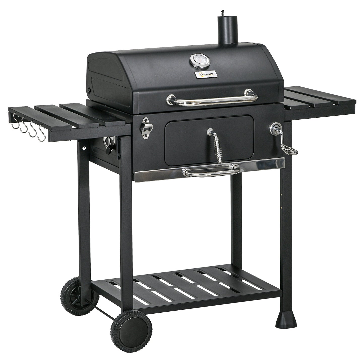 Charcoal Barbecue Grill Trolley with Adjustable Charcoal Pan, Galvanised Steel Smoker BBQ Grill with Storage Shelves, Lid, Themometer, Bottle Opener and Wheels, Black