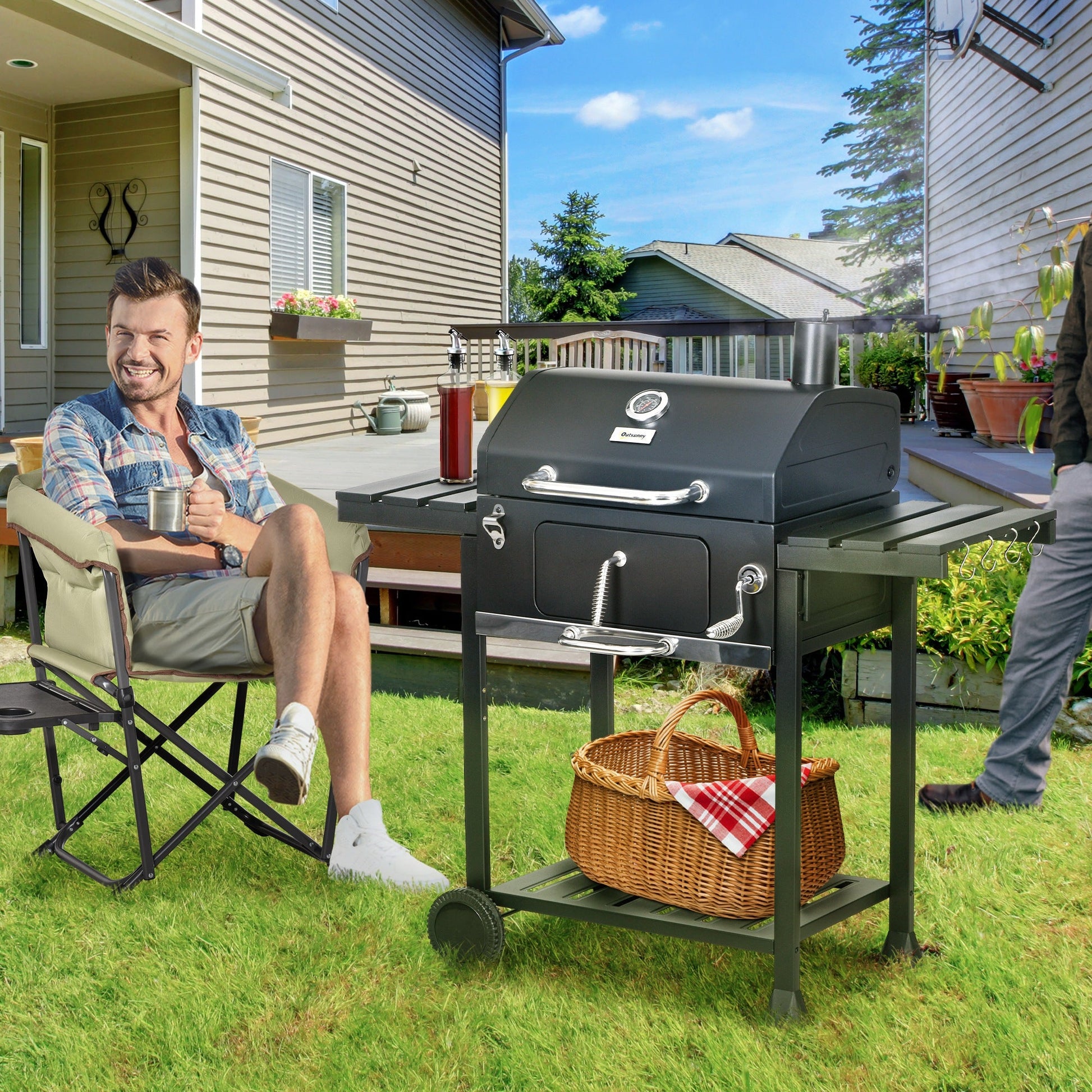 Charcoal Barbecue Grill Trolley with Adjustable Charcoal Pan, Galvanised Steel Smoker BBQ Grill with Storage Shelves, Lid, Themometer, Bottle Opener and Wheels, Black
