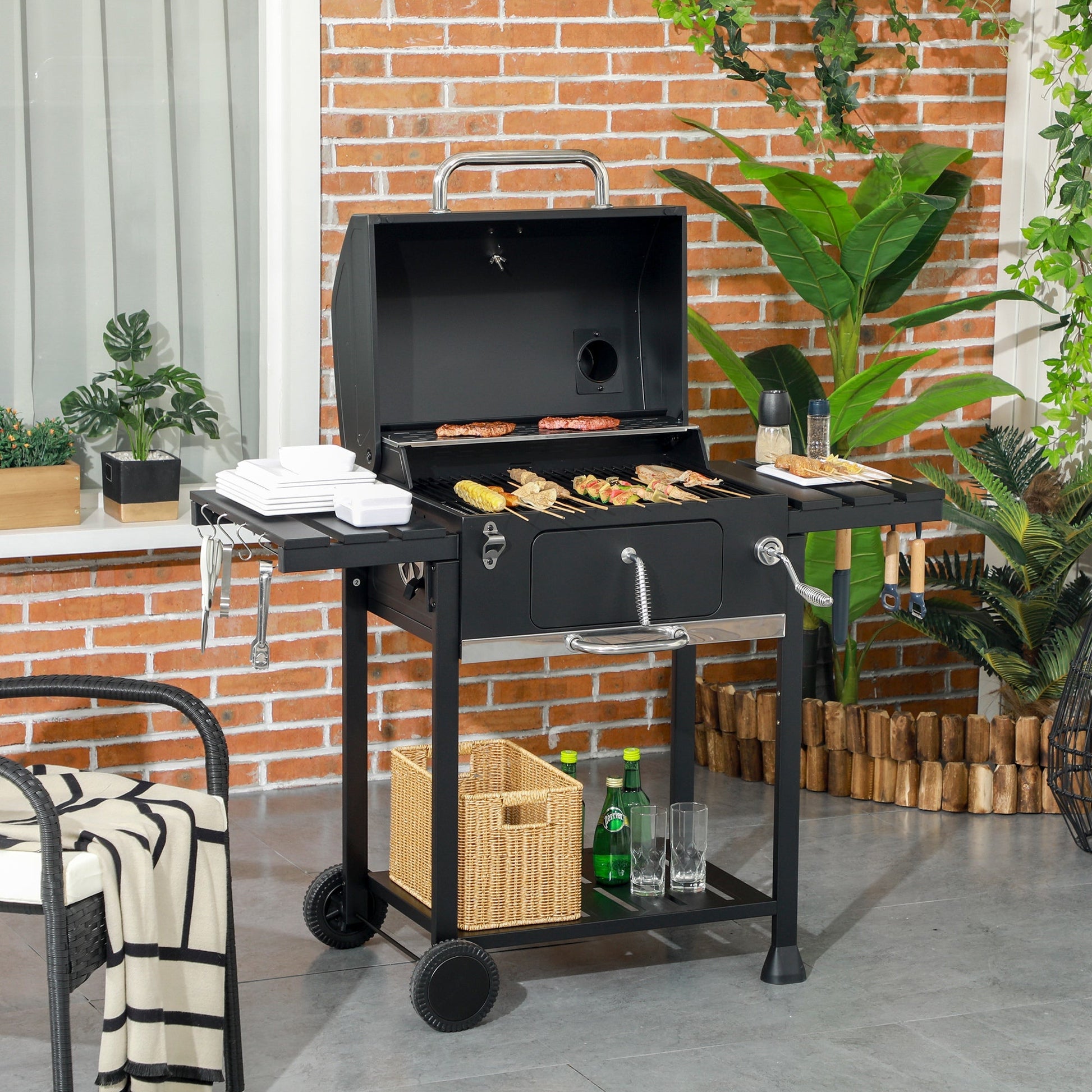 Charcoal Barbecue Grill Trolley with Adjustable Charcoal Pan, Galvanised Steel Smoker BBQ Grill with Storage Shelves, Lid, Themometer, Bottle Opener and Wheels, Black