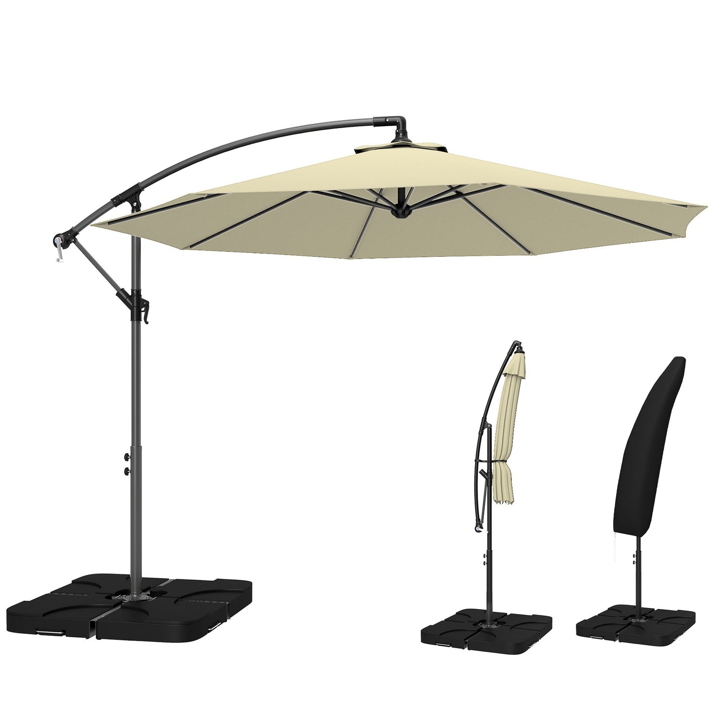 3 m Cantilever Parasol with Umbrella Weights, Cross Base, Offset Outdoor Umbrella with Protective Cover, Crank Handle, Hanging Sun Shade, Sand