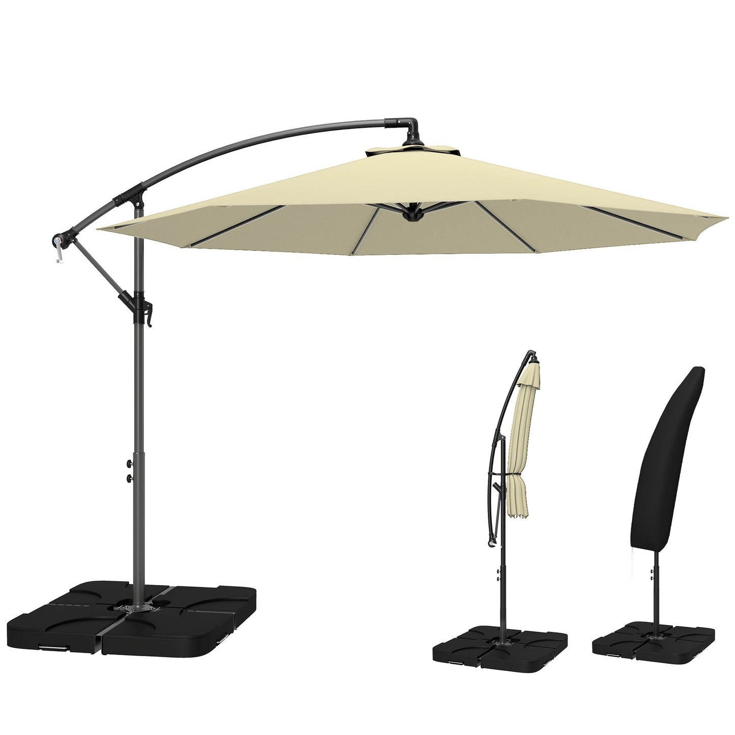 3 m Cantilever Parasol with Umbrella Weights, Cross Base, Offset Outdoor Umbrella with Protective Cover, Crank Handle, Hanging Sun Shade, Sand
