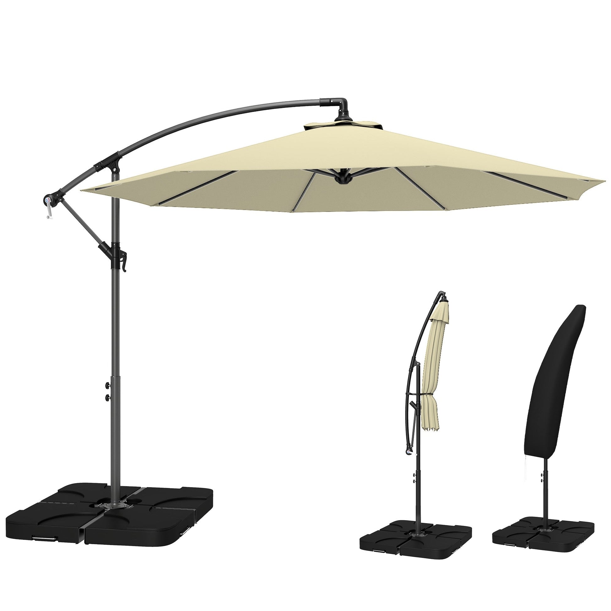 3 m Cantilever Parasol with Umbrella Weights, Cross Base, Offset Outdoor Umbrella with Protective Cover, Crank Handle, Hanging Sun Shade, Sand