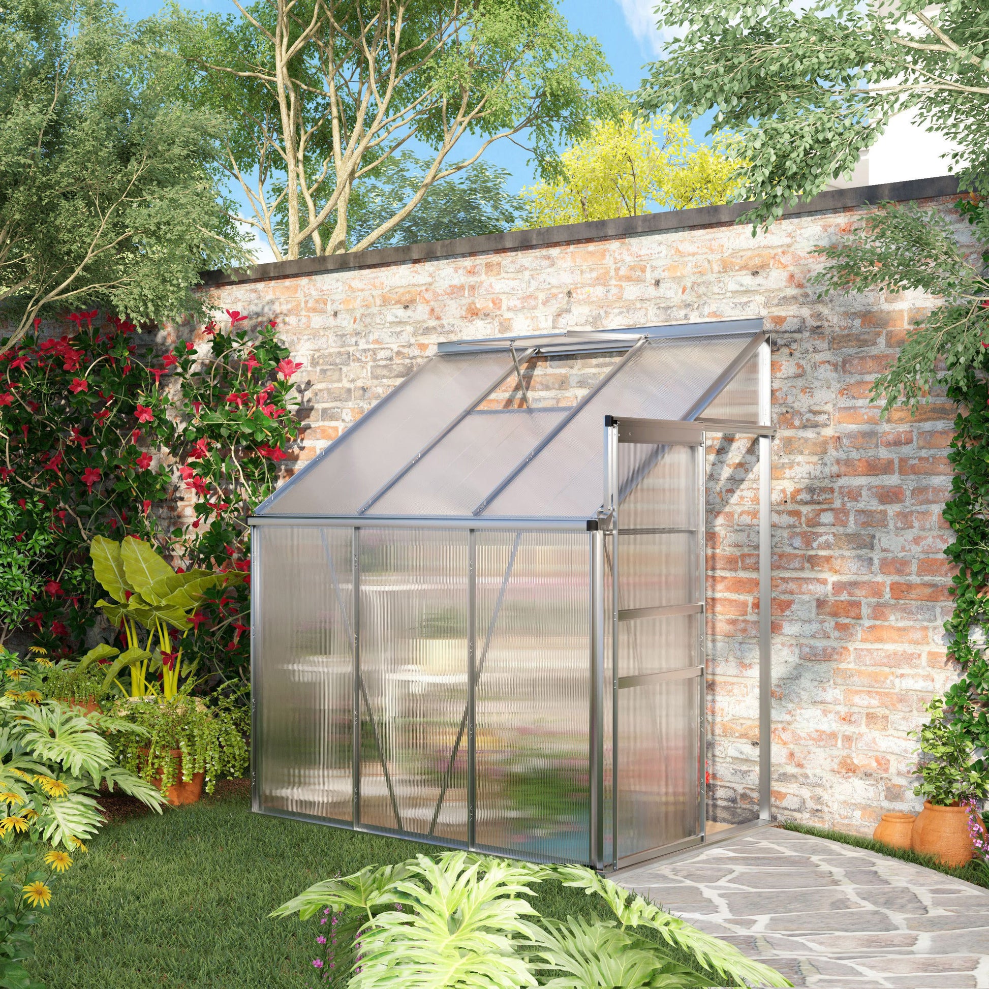 6 x 4ft Lean to Wall Polycarbonate Greenhouse Aluminium Walk-in Garden Greenhouse with Adjustable Roof Vent, Rain Gutter and Sliding Door, Clear