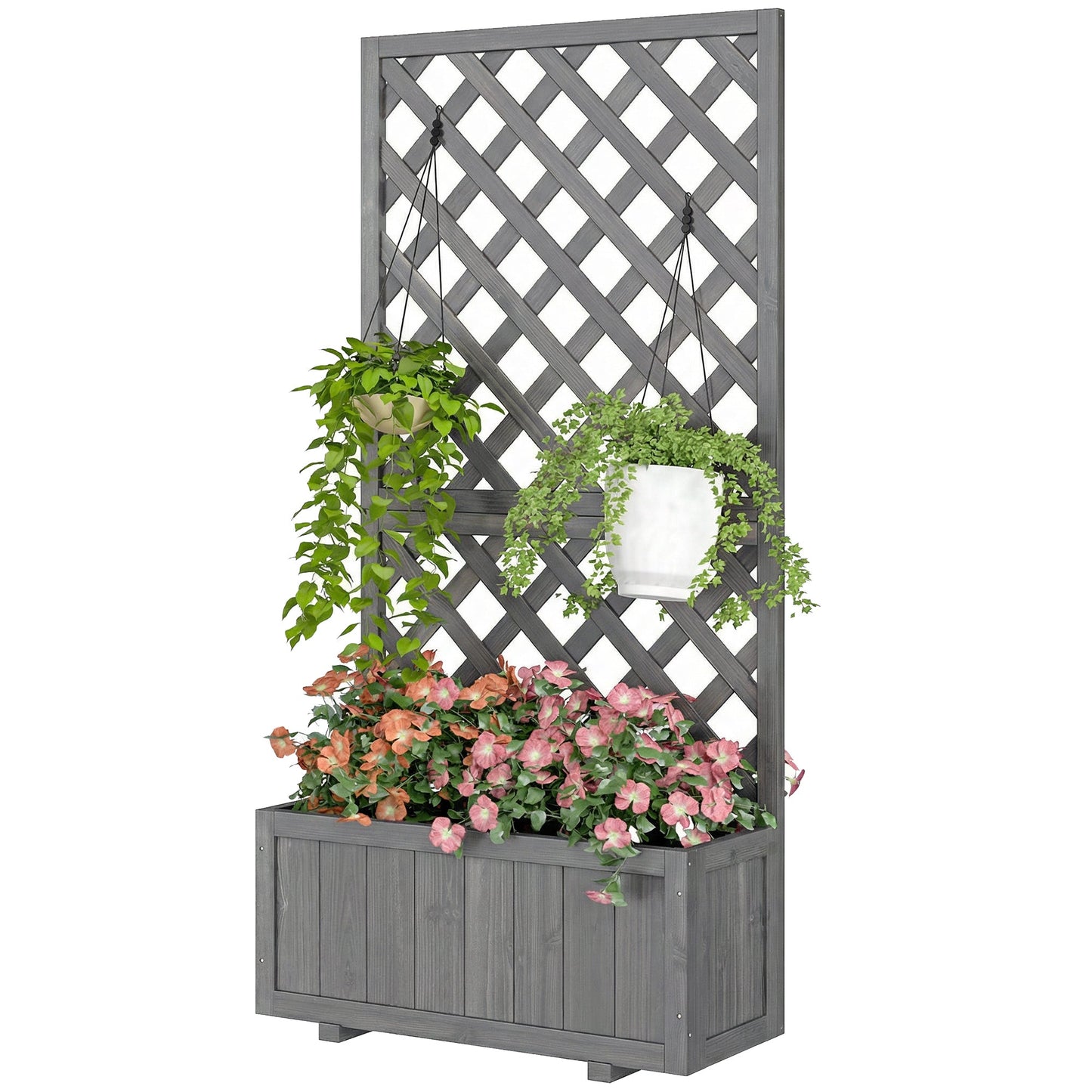 Wood Planter with Trellis for Climbing Plants, Raised Bed, Planter Box with Drainage Holes to Grow Vegetables, Herbs and Flowers for Garden, Patio, Yard, Grey