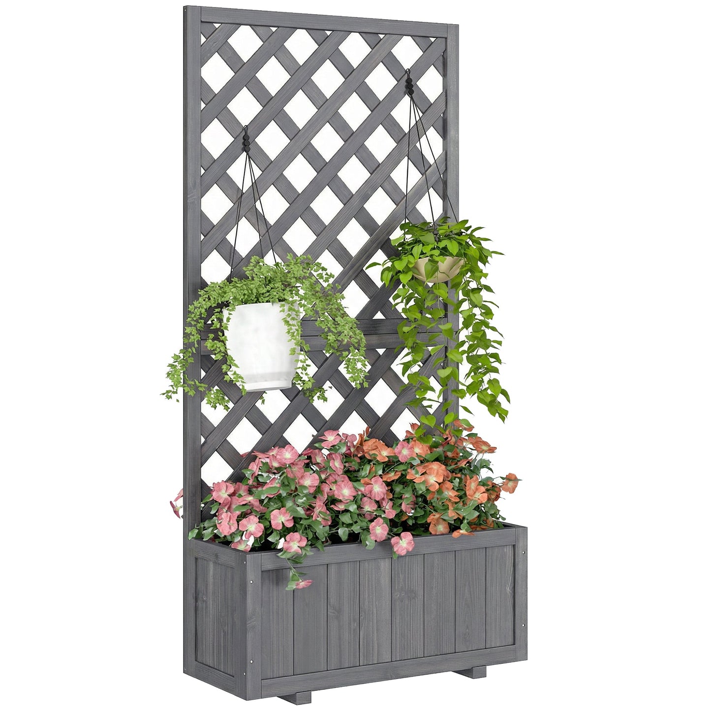 Wood Planter with Trellis for Climbing Plants, Raised Bed, Planter Box with Drainage Holes to Grow Vegetables, Herbs and Flowers for Garden, Patio, Yard, Grey