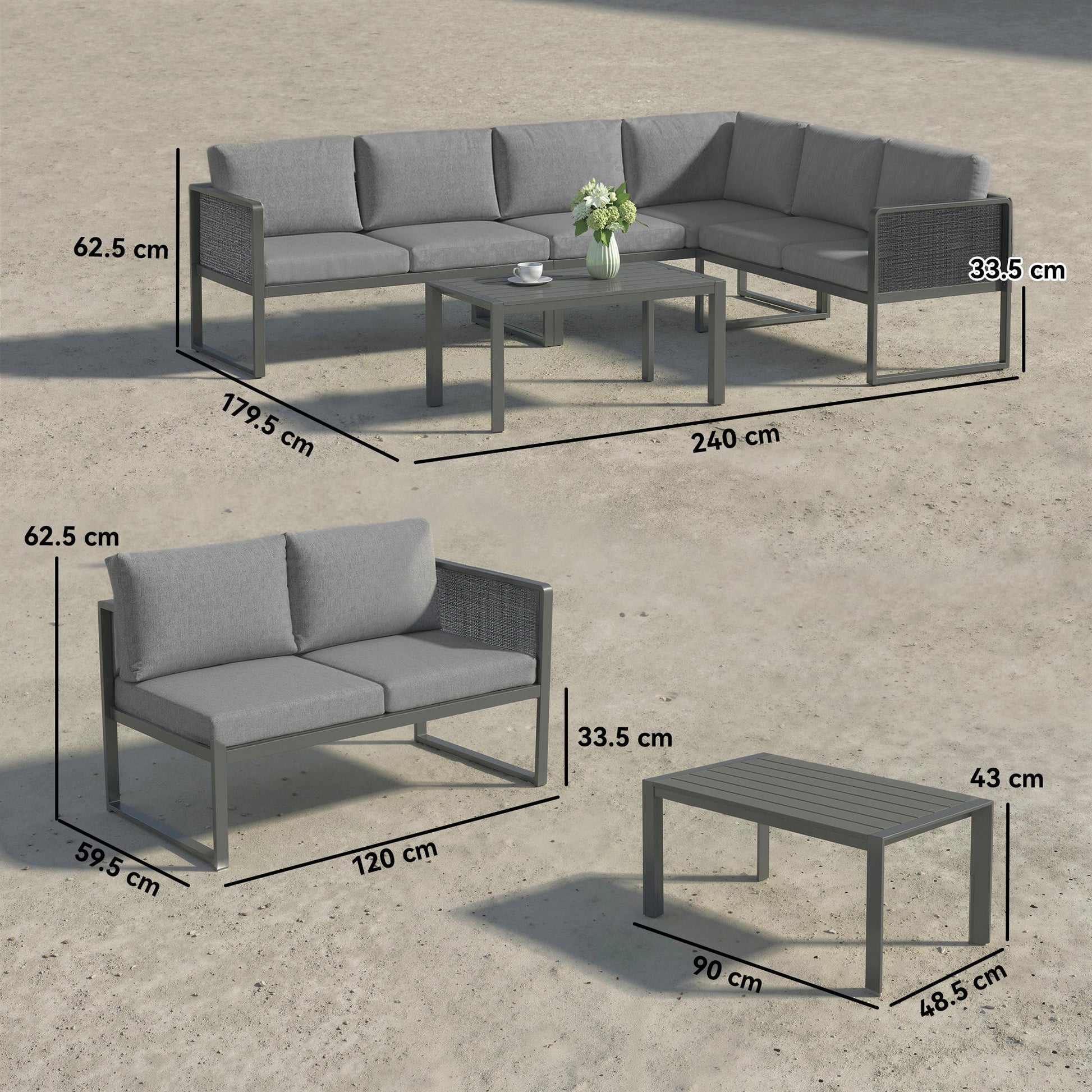 6 Seater Metal Garden Furniture Set, Corner Garden Sofa Set with 3 Texteline Loveseats, Faux Wood Top Coffee Table, L-Shape Outdoor Conversation Furniture with Cushions, Dark Grey