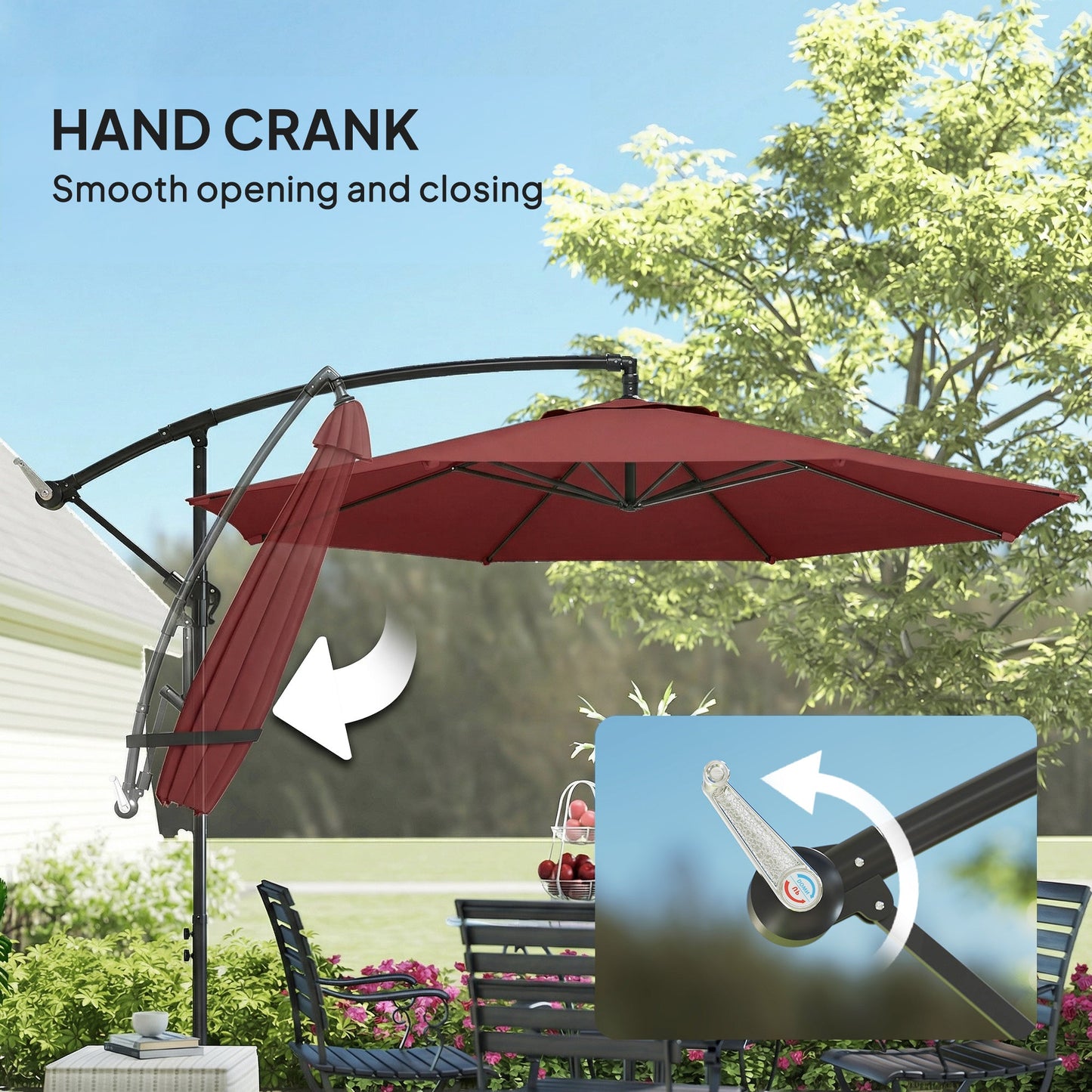 3(m) Garden Banana Parasol Hanging Cantilever Umbrella with Crank Handle, 8 Ribs and Cross Base for Outdoor, Sun Shade, Wine Red