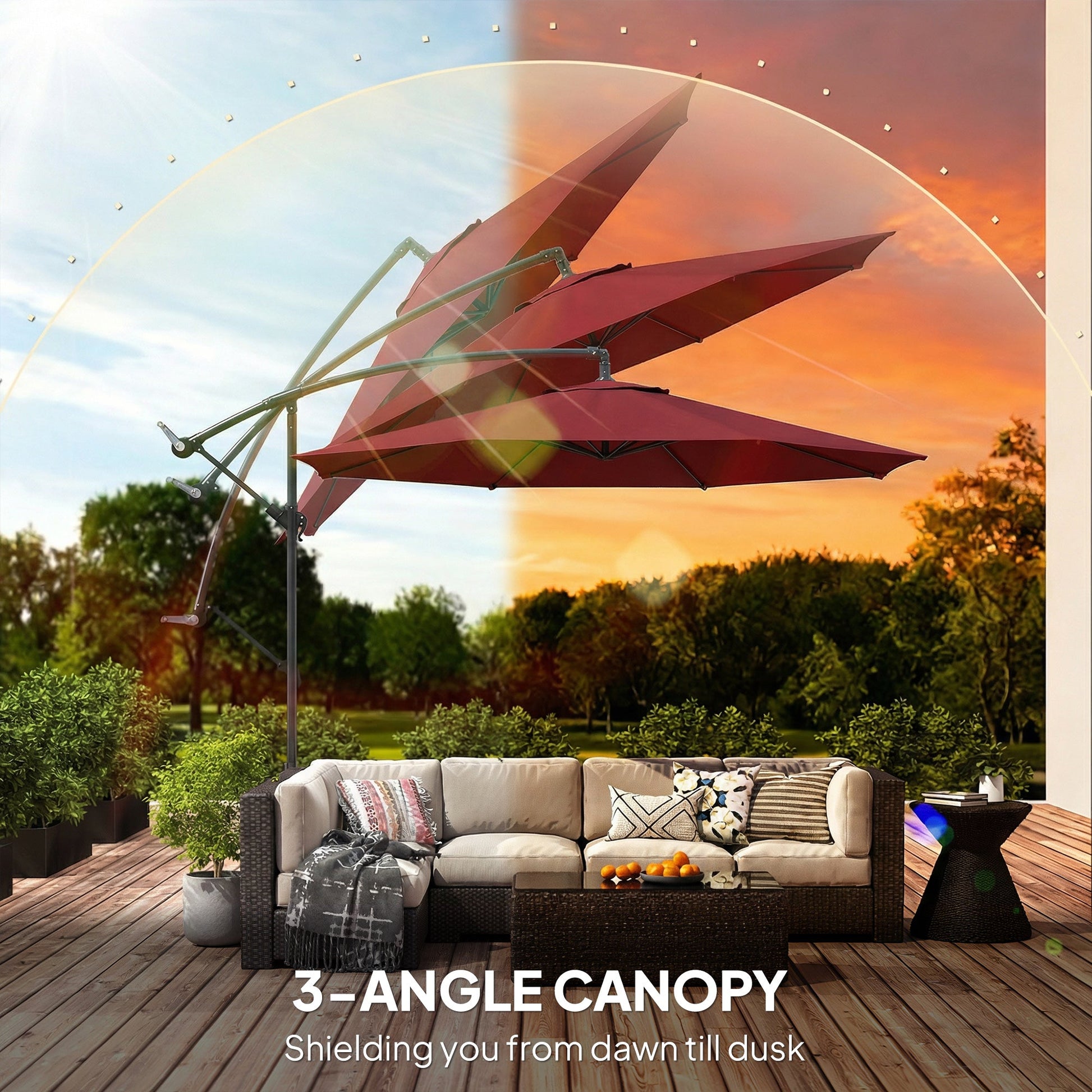 3(m) Garden Banana Parasol Hanging Cantilever Umbrella with Crank Handle, 8 Ribs and Cross Base for Outdoor, Sun Shade, Wine Red