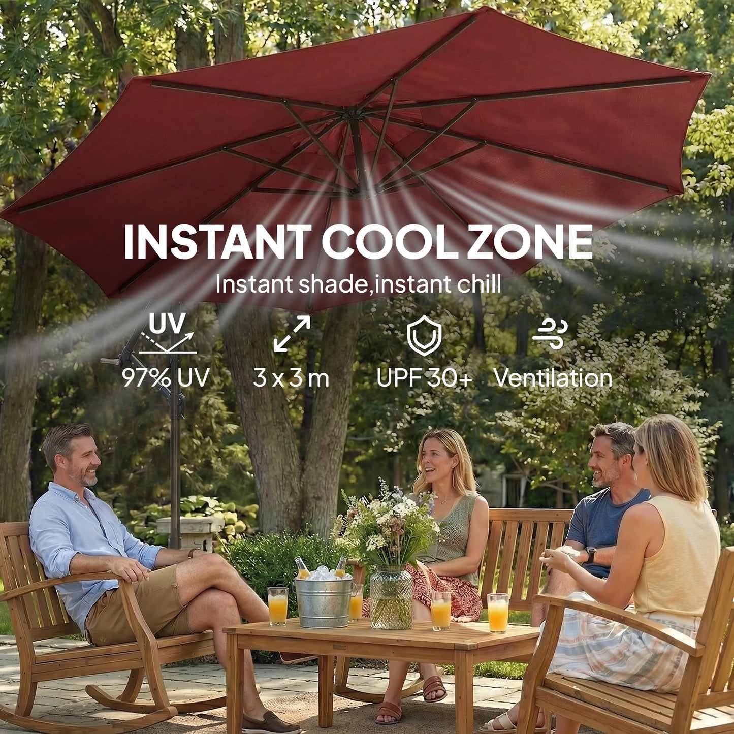 3(m) Garden Banana Parasol Hanging Cantilever Umbrella with Crank Handle, 8 Ribs and Cross Base for Outdoor, Sun Shade, Wine Red