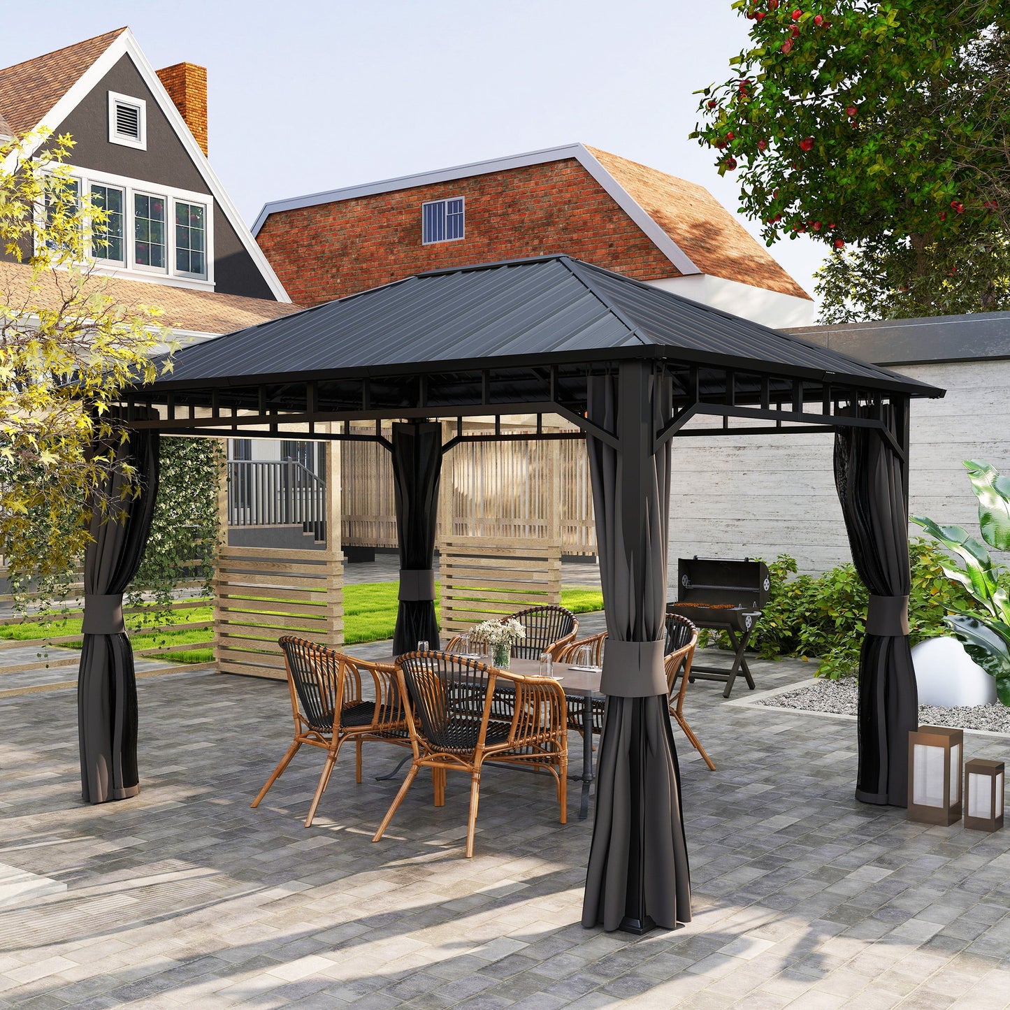 3 x 4m Hardtop Gazebo with Galvanised Steel Roof and Water Gutter, Waterproof Permanent Pavilion Garden Gazebo with Netting and Curtains for Patio, Deck