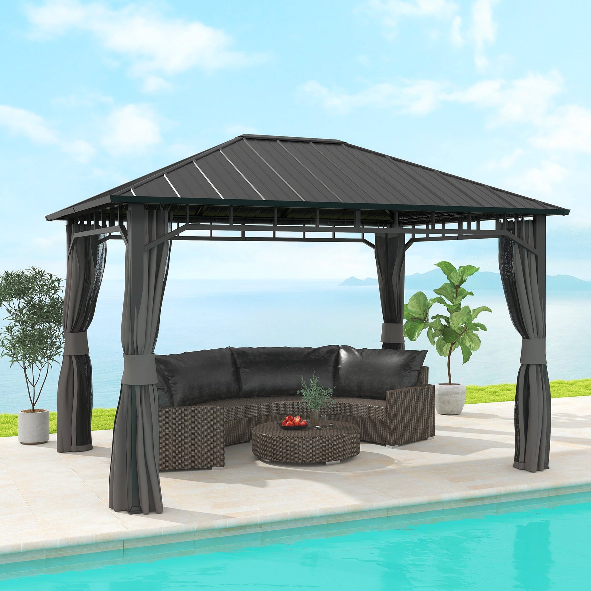 3 x 4m Hardtop Gazebo with Galvanised Steel Roof and Water Gutter, Waterproof Permanent Pavilion Garden Gazebo with Netting and Curtains for Patio, Deck