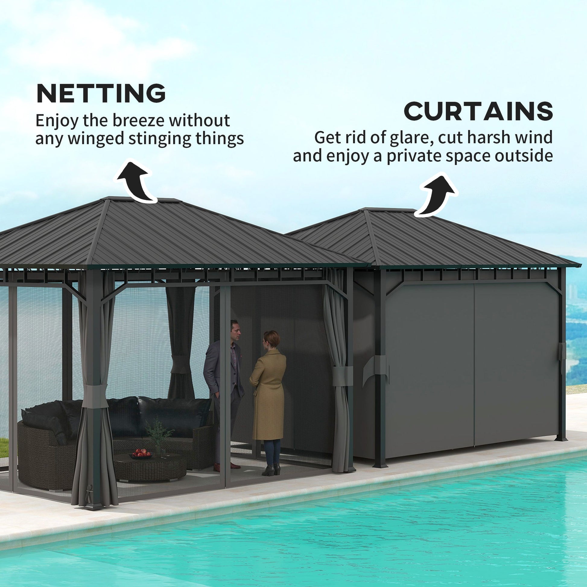 3 x 4m Hardtop Gazebo with Galvanised Steel Roof and Water Gutter, Waterproof Permanent Pavilion Garden Gazebo with Netting and Curtains for Patio, Deck