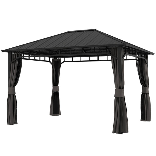 3 x 4m Hardtop Gazebo with Galvanised Steel Roof and Water Gutter, Waterproof Permanent Pavilion Garden Gazebo with Netting and Curtains for Patio, Deck