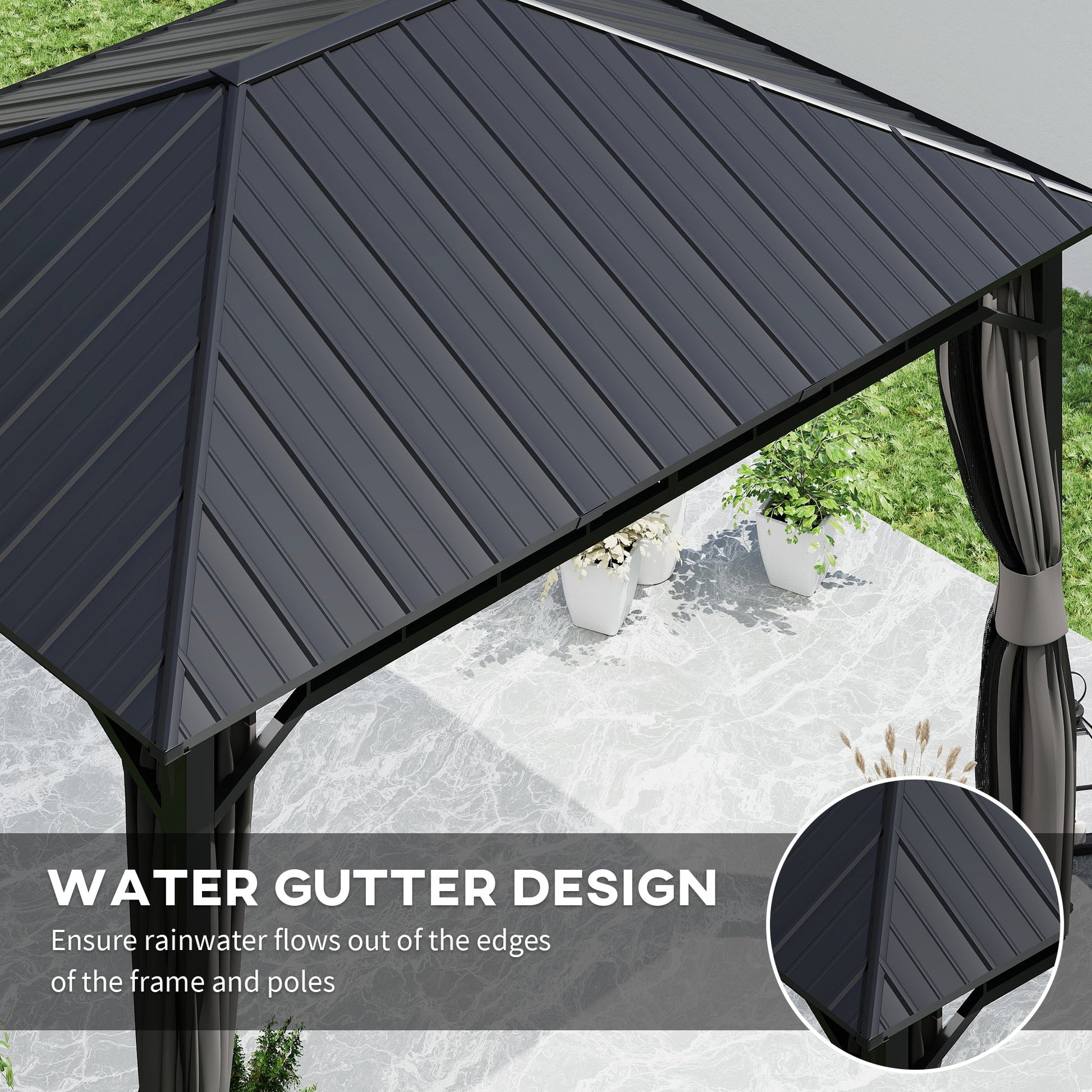 3 x 4m Hardtop Gazebo with Galvanised Steel Roof and Water Gutter, Waterproof Permanent Pavilion Garden Gazebo with Netting and Curtains for Patio, Deck