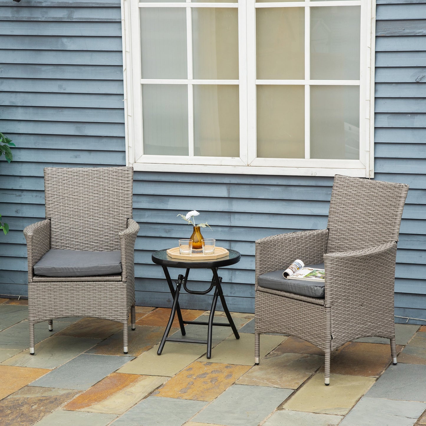 2 Pieces Outdoor PE Rattan Dining Chairs Set with Cushion, Garden Armchair with Armrests, High Backrest, Metal Frame Patio Wicker Furniture, Grey