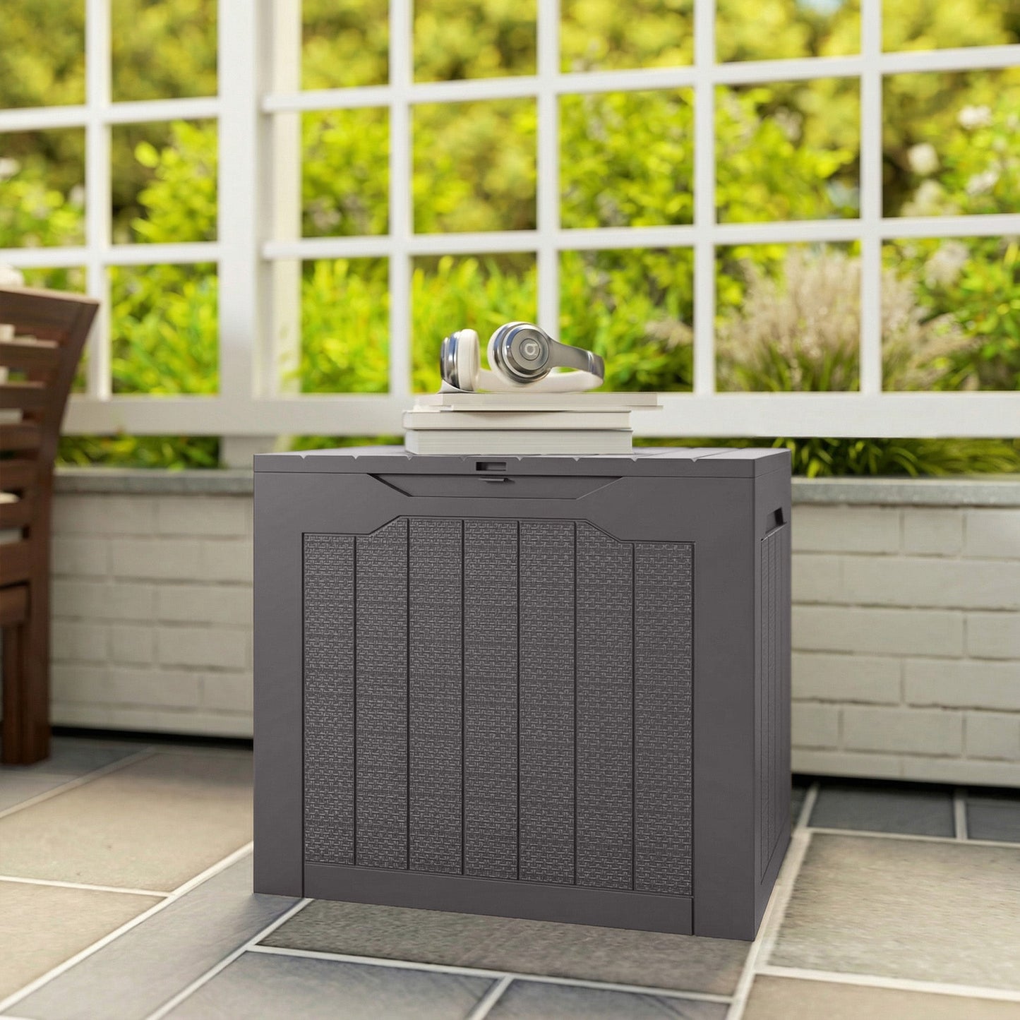 93L Plastic Garden Storage Box, Outdoor Storage Box with Handles, Waterproof Outdoor Storage Container for Garden Tools and Accessories, Brown
