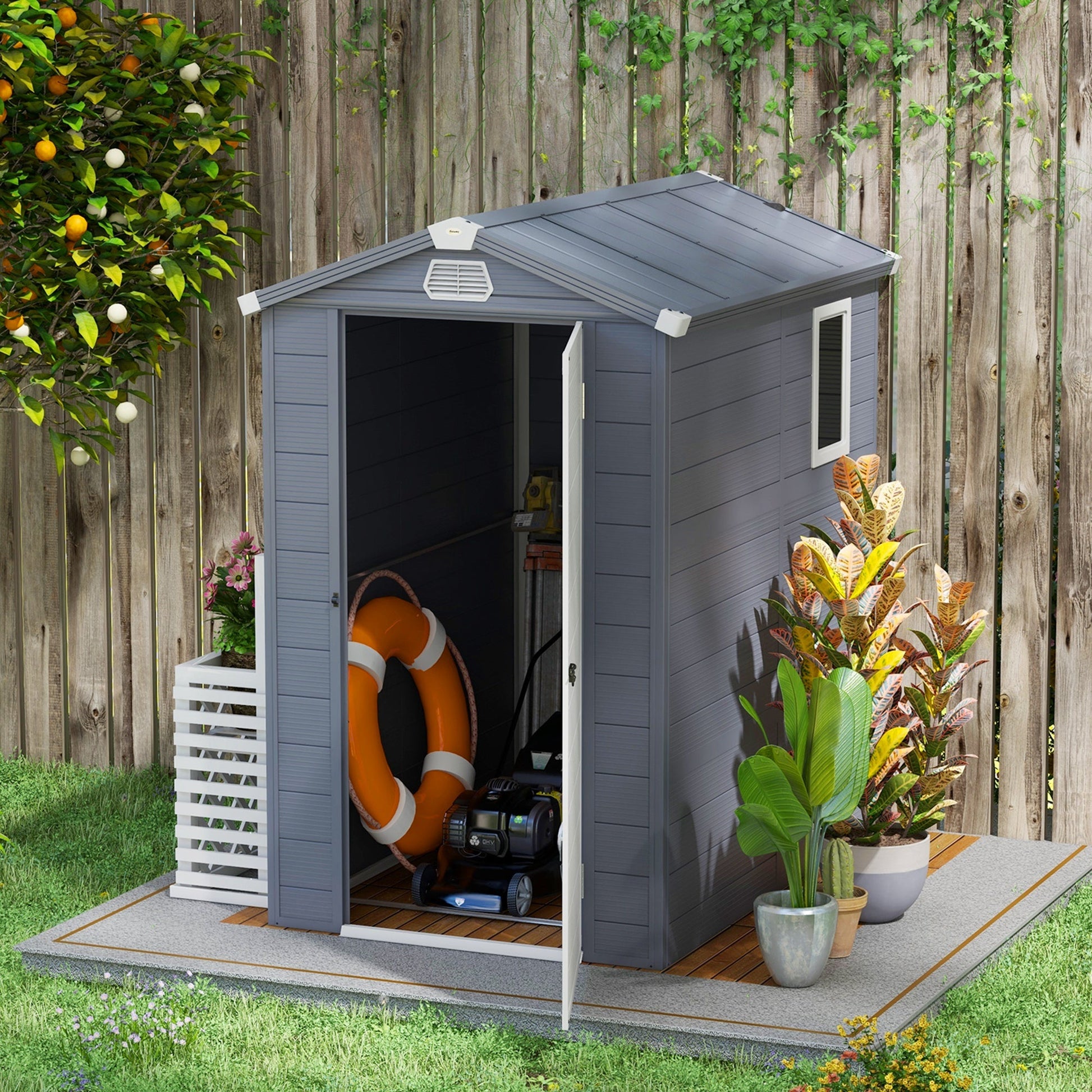 4 x 6ft Plastic Garden Storage Shed with Foundation Kit, Polypropylene Outdoor Storage Tool House with Ventilation Slots and Lockable Door, Grey