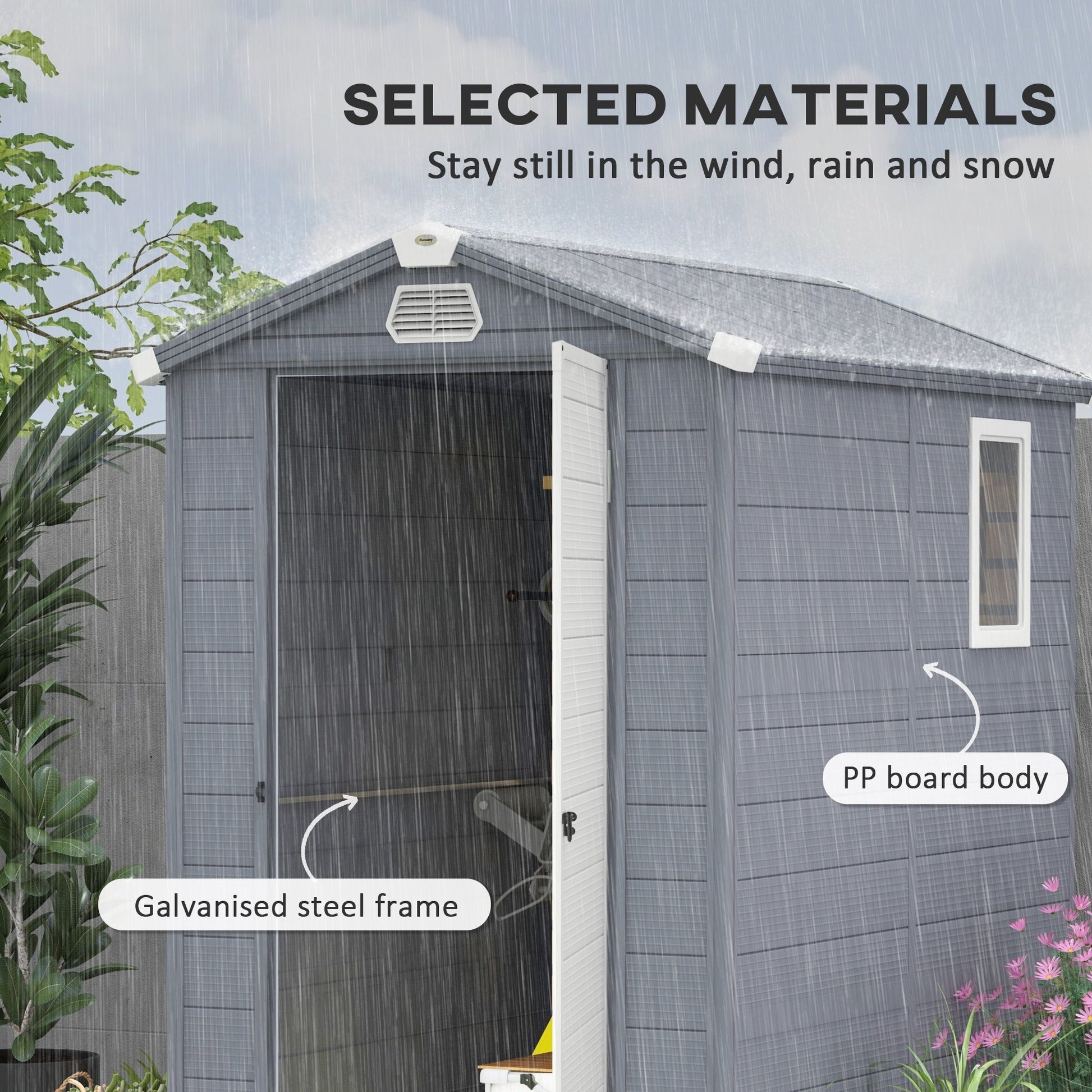 4 x 6ft Plastic Garden Storage Shed with Foundation Kit, Polypropylene Outdoor Storage Tool House with Ventilation Slots and Lockable Door, Grey