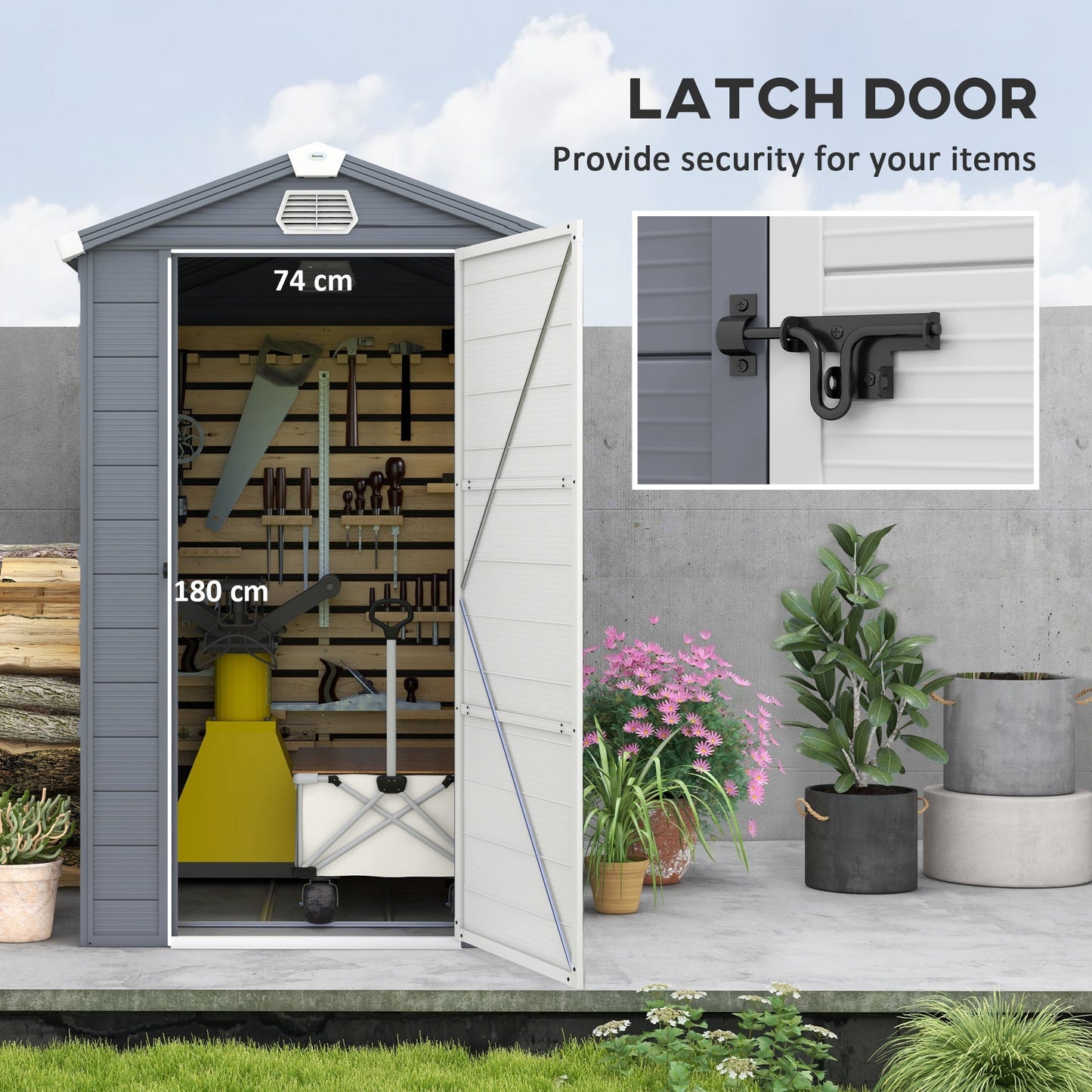 4 x 6ft Plastic Garden Storage Shed with Foundation Kit, Polypropylene Outdoor Storage Tool House with Ventilation Slots and Lockable Door, Grey