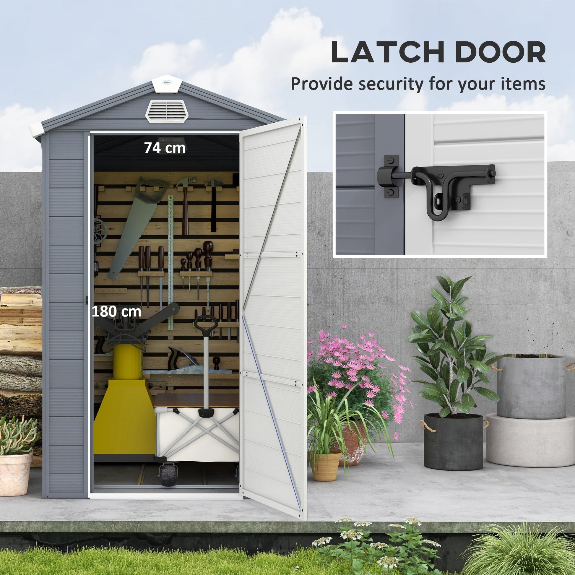 4 x 6ft Plastic Garden Storage Shed with Foundation Kit, Polypropylene Outdoor Storage Tool House with Ventilation Slots and Lockable Door, Grey