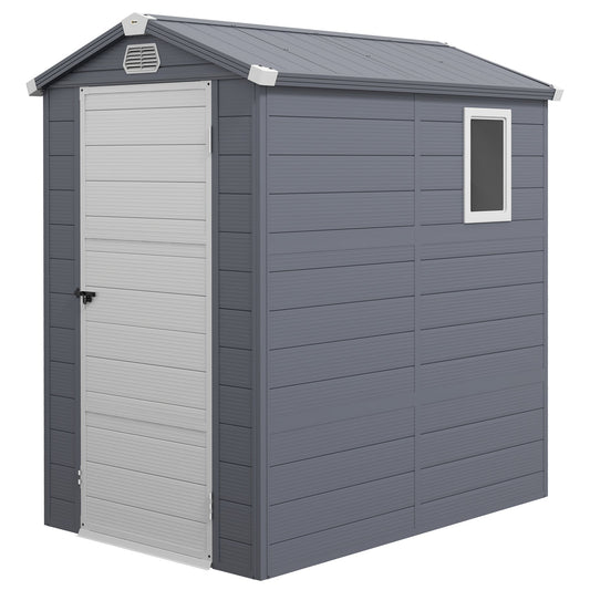 4 x 6ft Plastic Garden Storage Shed with Foundation Kit, Polypropylene Outdoor Storage Tool House with Ventilation Slots and Lockable Door, Grey