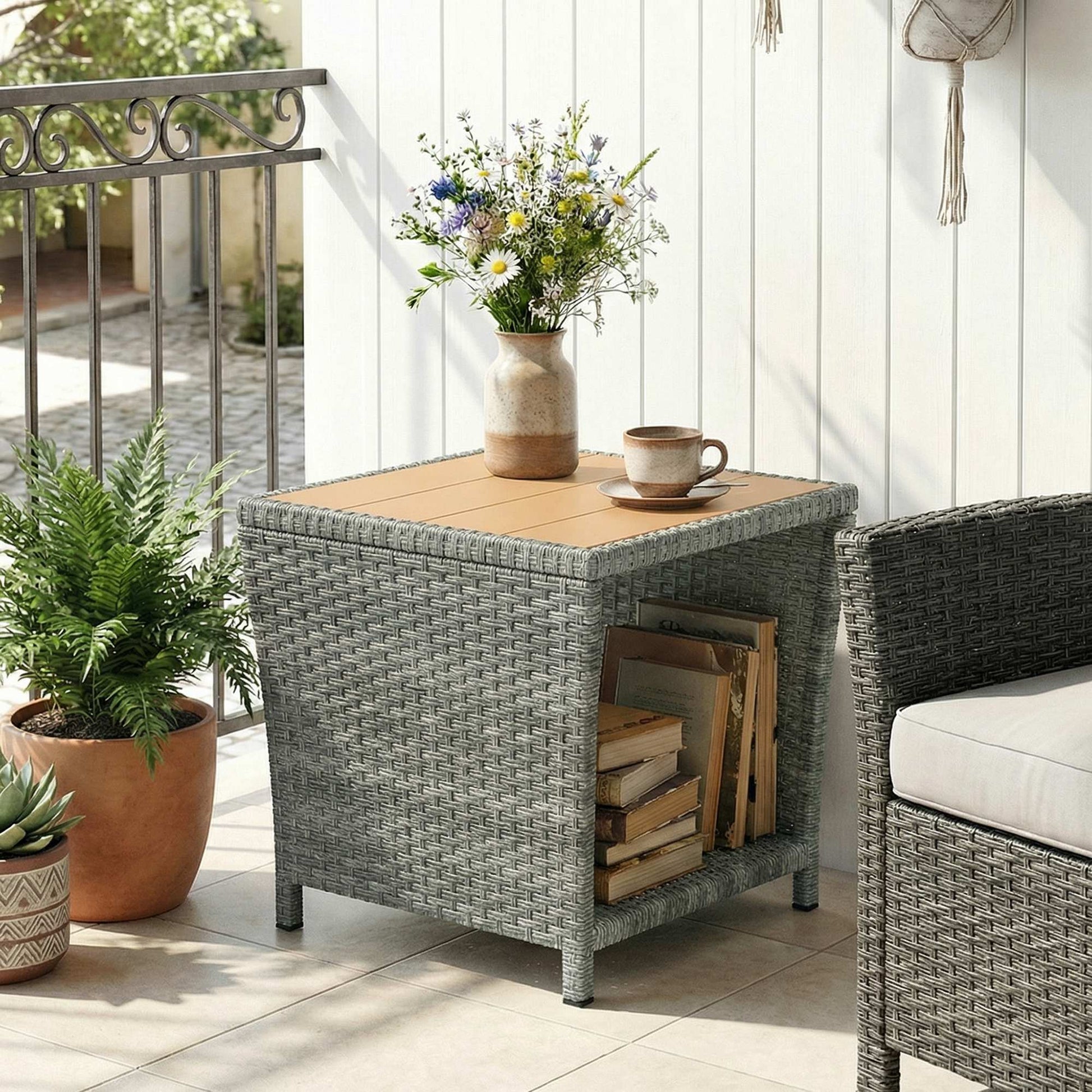 2-Tier PE Rattan Side Table with Storage Shelf, Square Outdoor Coffee Table with PS Wood Slat Top, UV-Resistant for Patio, Garden, Balcony, Light Grey