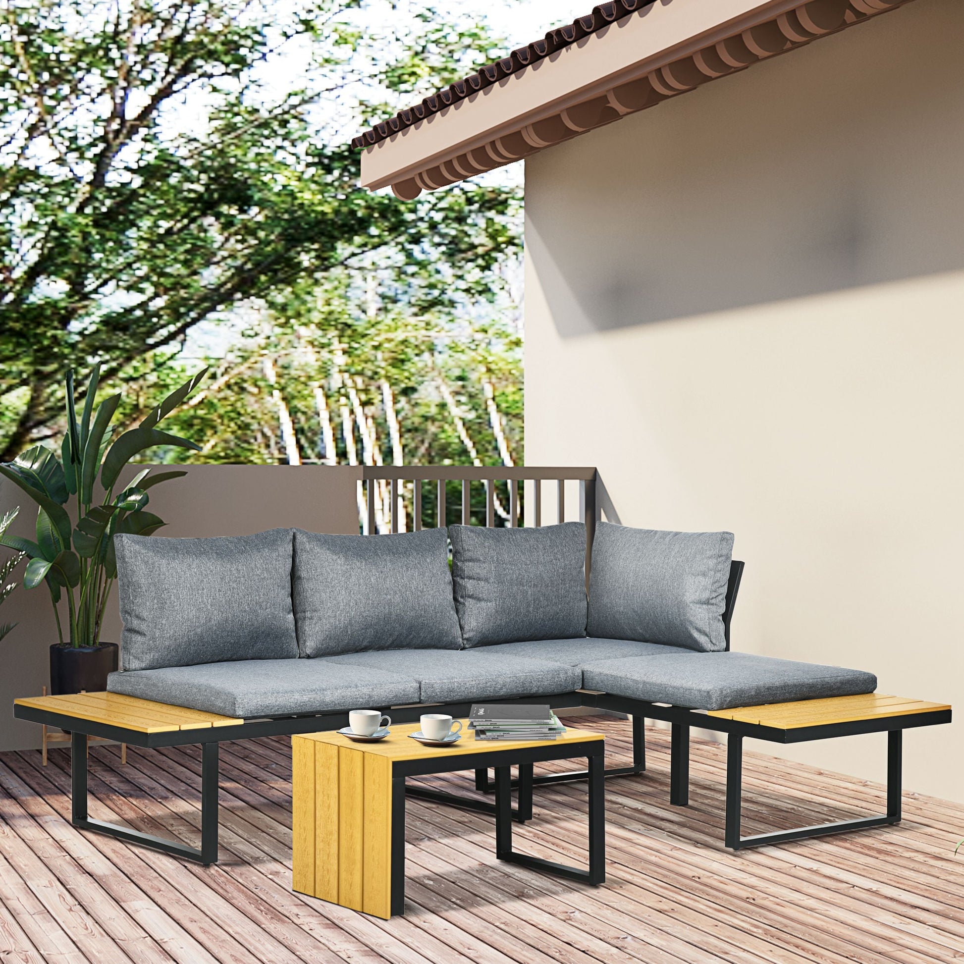 3 Pieces Patio Furniture Set, Outdoor Garden Sofa Conversation Set w/ Padded Cushions, Wood Grain Plastic Top Table and Side Panel, Dark Grey