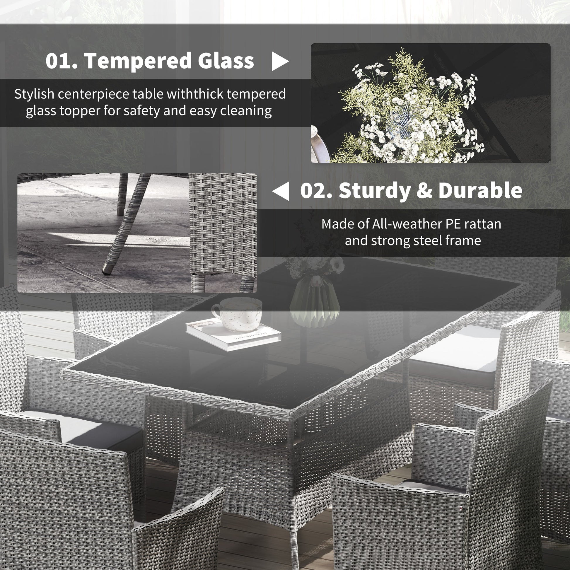 7-Piece Rattan Garden Furniture Set with Cushions, 6 Seater Garden Table and Chairs, Rattan Dining Set with 6 Armchairs, Rectangular Glass Top Table, Charcoal Grey