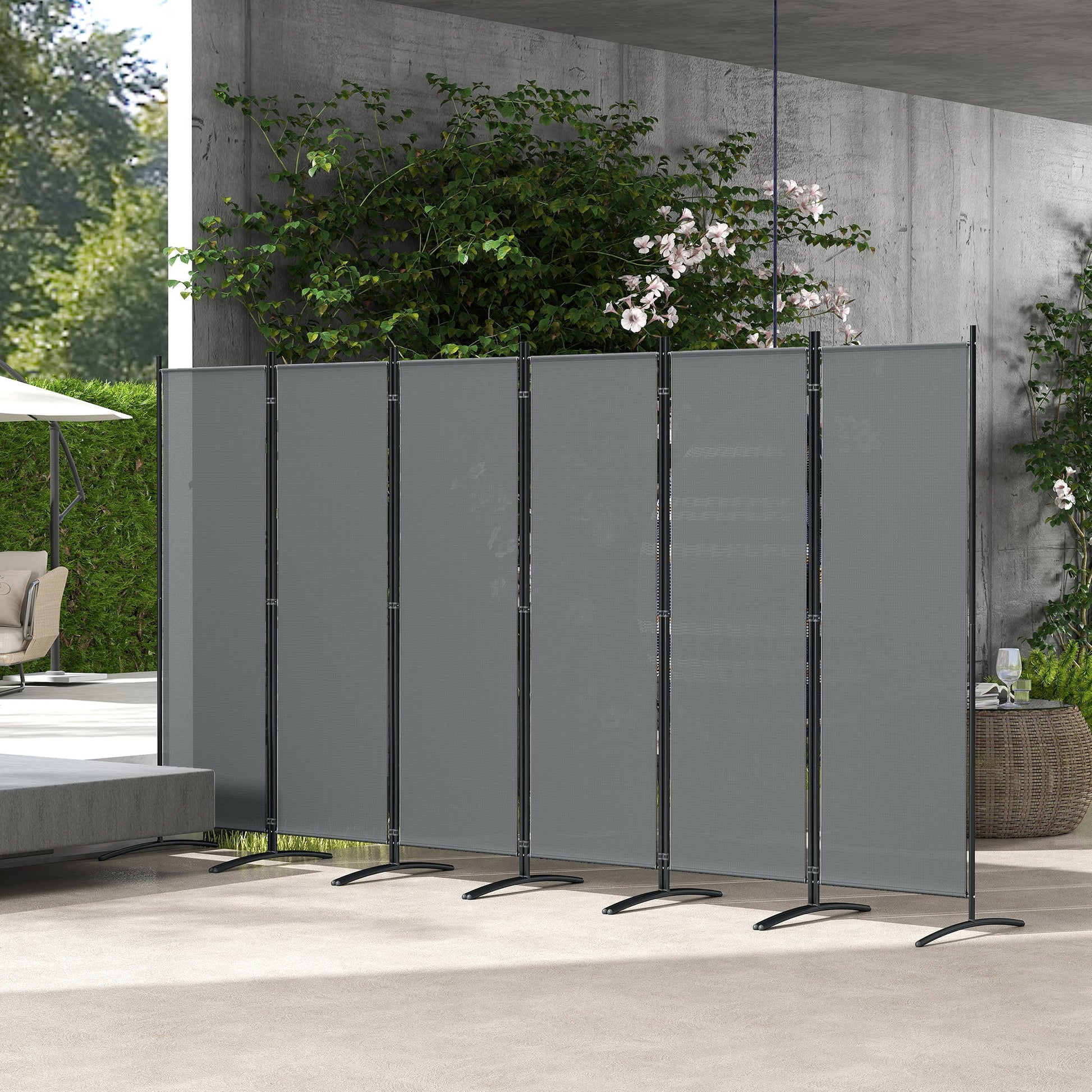 6 Panel Folding Room Divider, Freestanding Privacy Screen Wall with Wide Feet, Portable Paravent Partition Separator for Offices, Balcony, Outdoor Garden, Hot Tub, 332 x 172 cm, Dark Grey