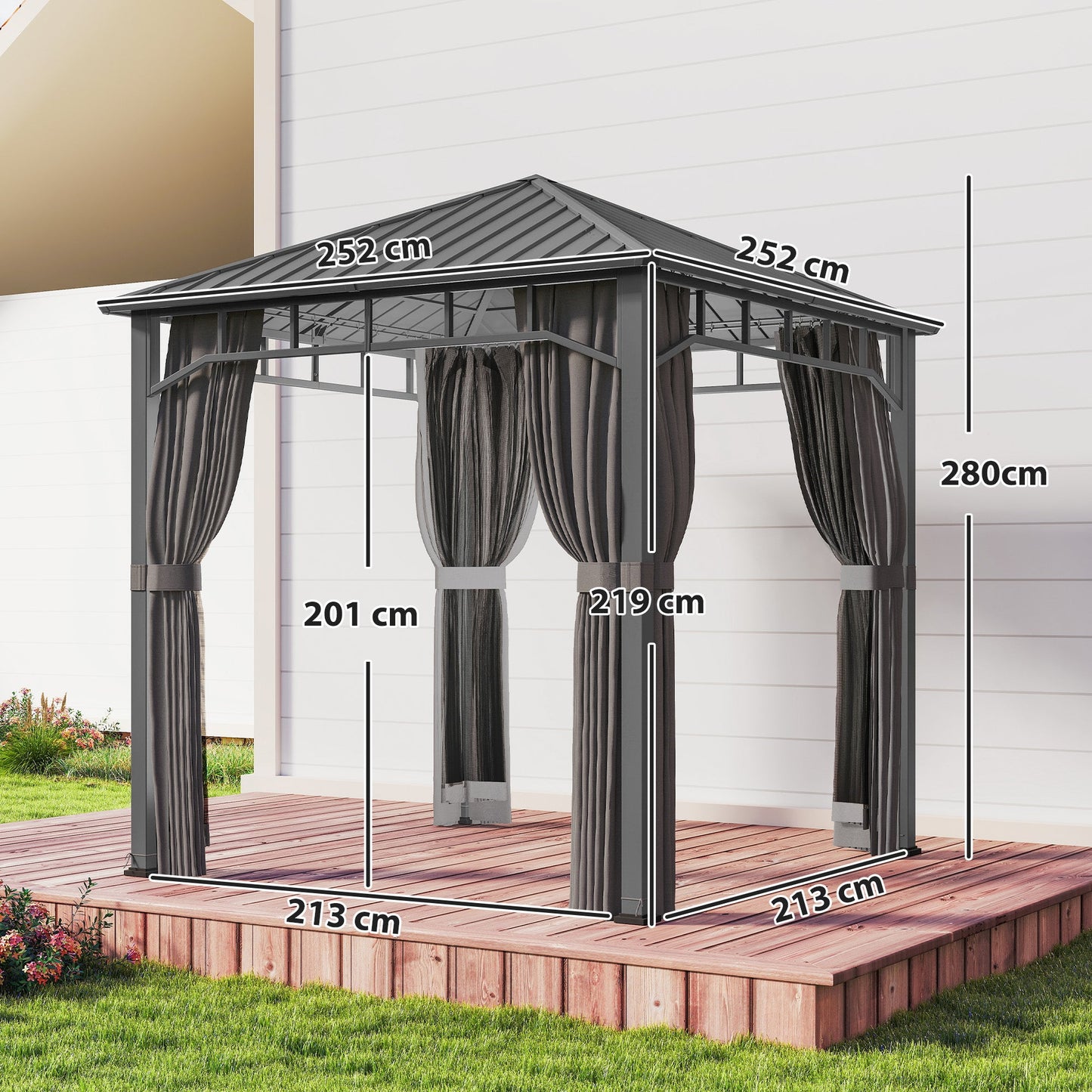 2.5 x 2.5 m Hardtop Gazebo with Galvanised Steel Roof, Waterproof Permanent Pavilion Garden Gazebo with Netting and Curtains for Patio, Deck, Dark Grey
