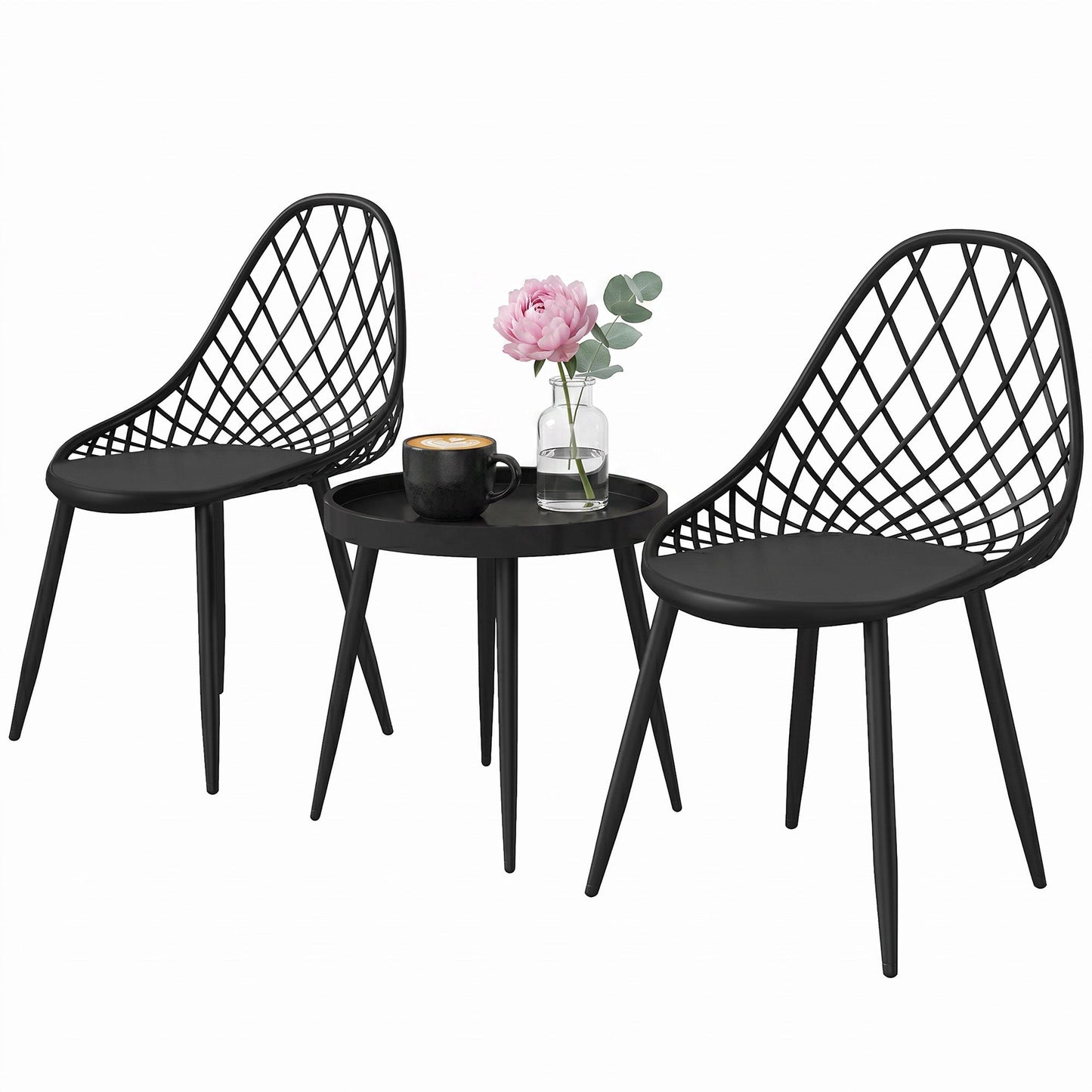 3-Piece Outdoor Bistro Set with 2 Chairs and Round Table, Weather-Resistant Metal Frame, Modern Patio Furniture for Garden, Balcony, Porch, Black