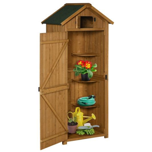 Garden Shed Vertical Utility 3 Shelves Shed Wood Outdoor Garden Tool Storage Unit Storage Cabinet, 77 x 54.2 x 179cm - Brown