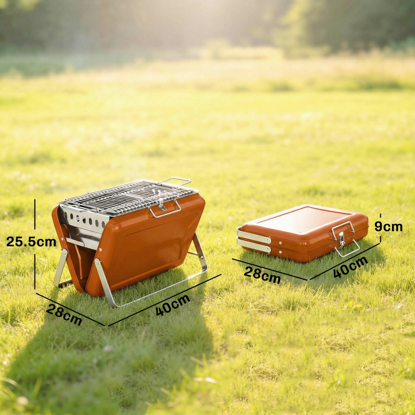 Portable BBQ Grill, Folding Charcoal Barbecue Grill with Handle and Foldable Legs for Camping Garden Outdoor Cooking, Orange